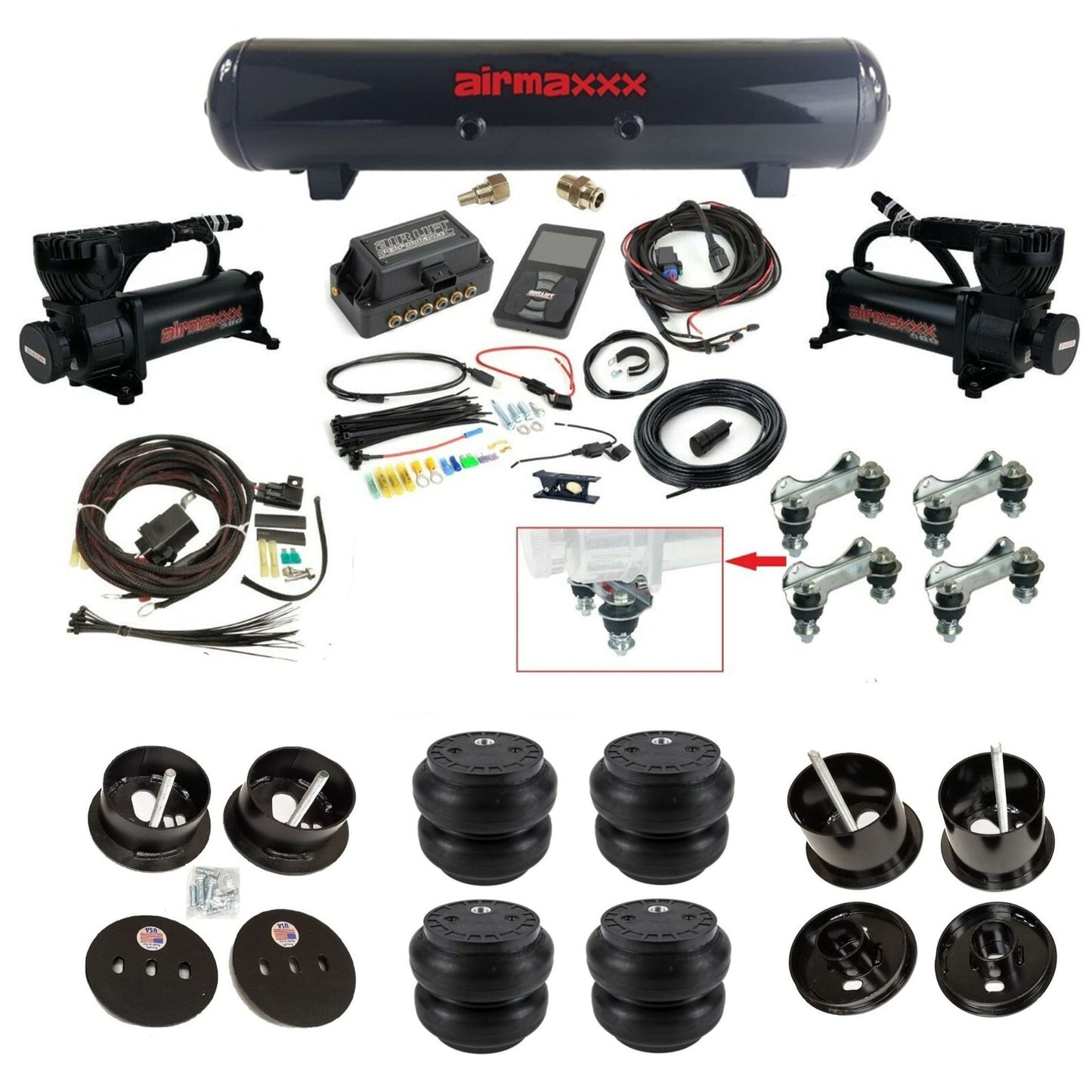 air lift 3p 27685 air ride kit with black 580 compressors steel tank & Slam   bags & airmaxxx bolt on brackets fits 1961-62 cadillac K-CAD6162-580B2-57S-27685-WK-3P2SS7
