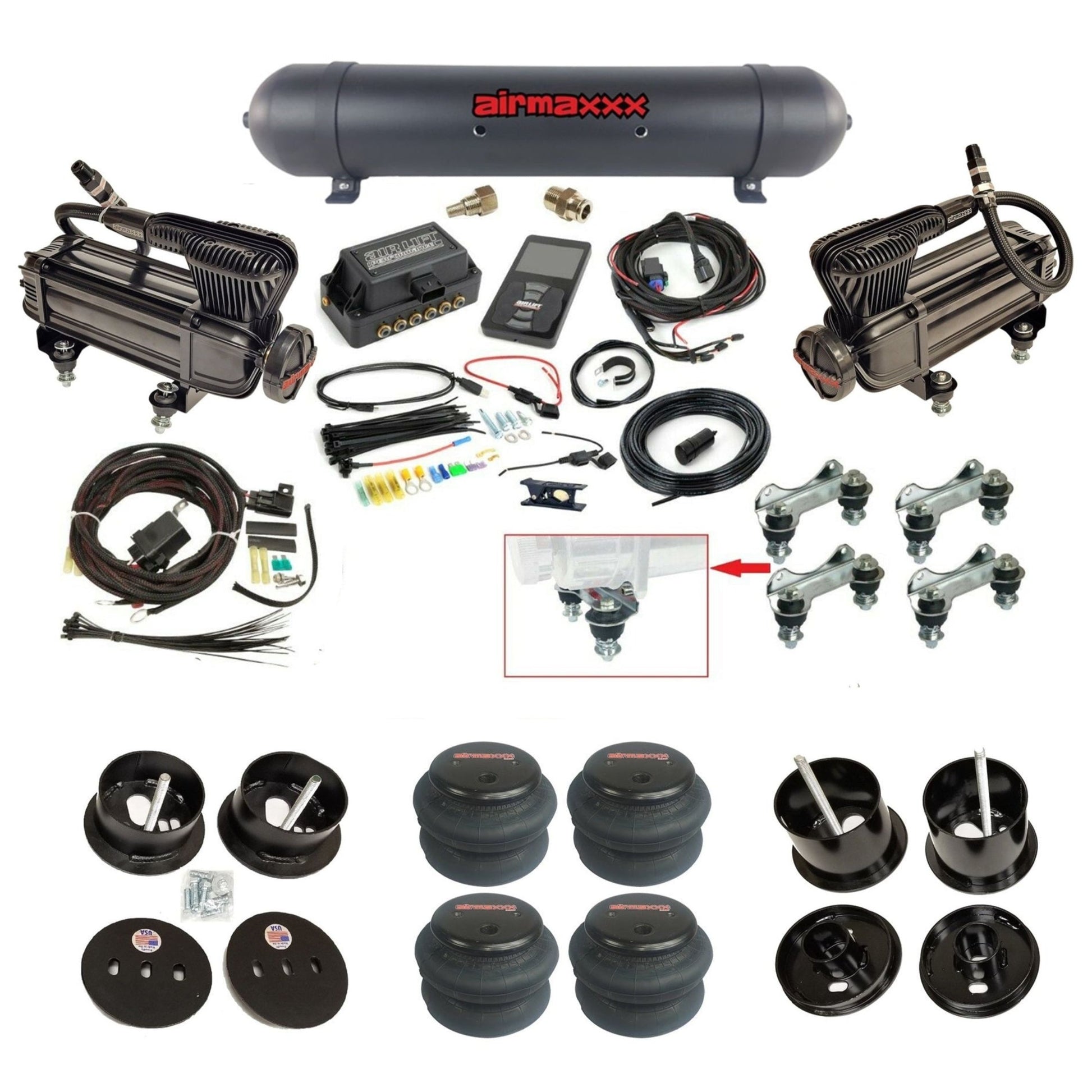 air lift 3p 27685 air ride kit with black X-series compressors black aluminum tank & 2600 bags & airmaxxx bolt on brackets fits 1961-62 cadillac K-CAD6162-XB2-57ABK-27685-WK-3P2