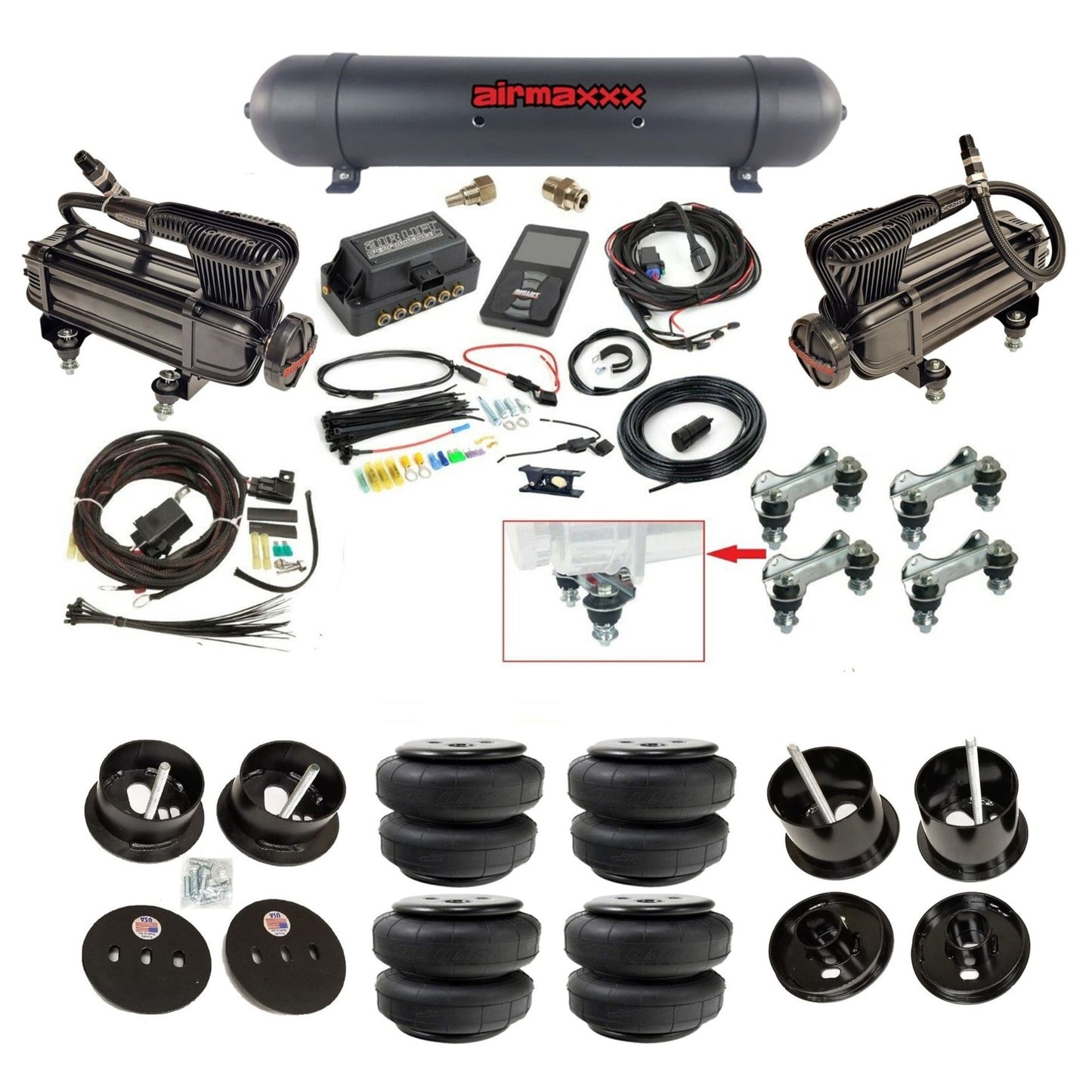 air lift 3p 27685 air ride kit with black X-series compressors black aluminum tank & Airlift bags & airmaxxx bolt on brackets fits 1961-62 cadillac K-CAD6162-XB2-57ABK-27685-WK-3P2D25