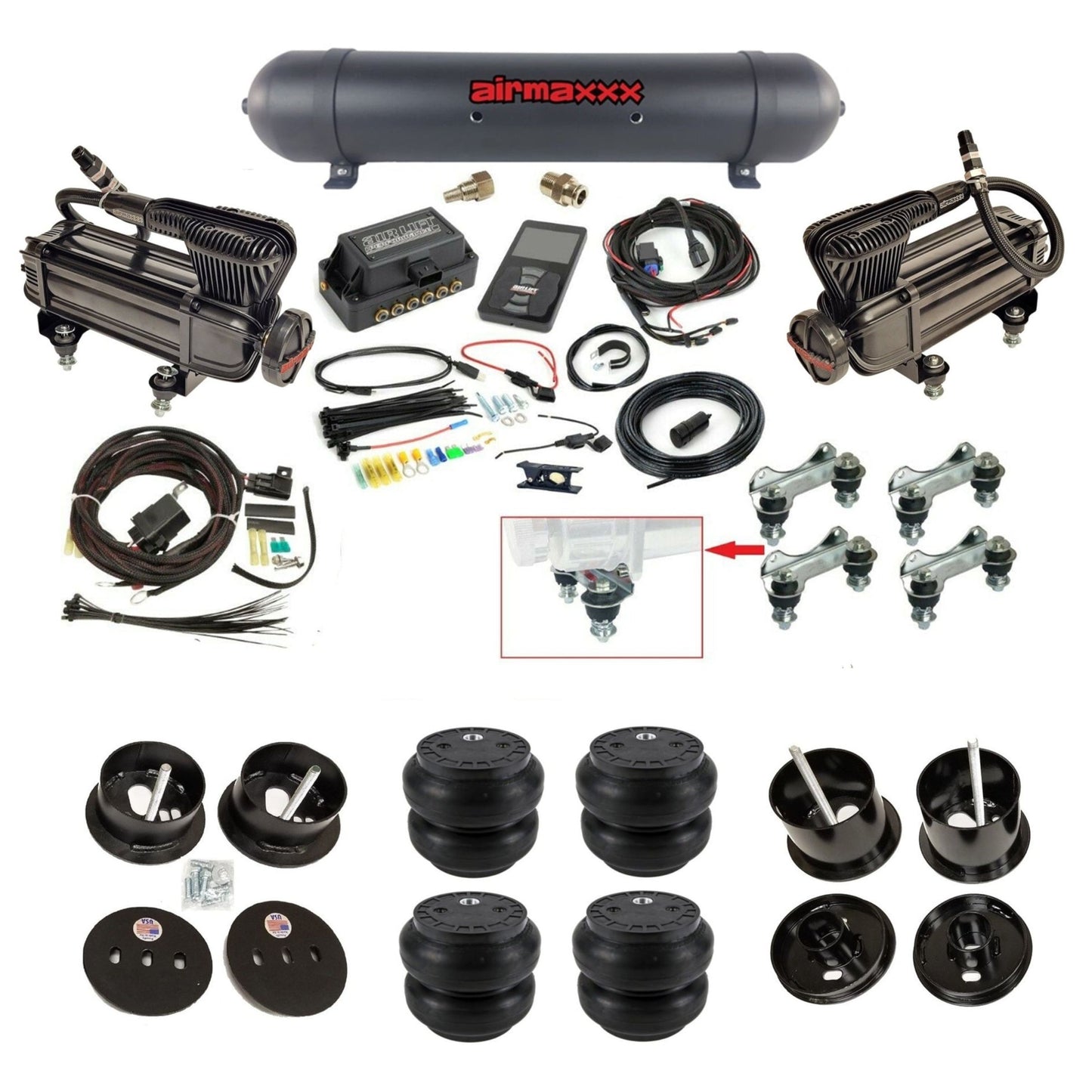 air lift 3p 27685 air ride kit with black X-series compressors black aluminum tank & Slam bags & airmaxxx bolt on brackets fits 1961-62 cadillac K-CAD6162-XB2-57ABK-27685-WK-3P2SS7