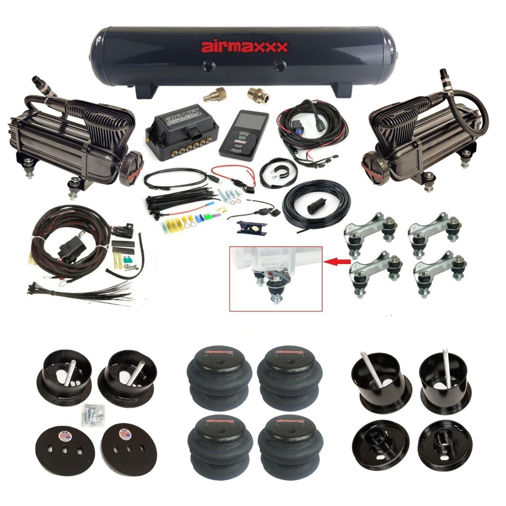 air lift 3p 27685 air ride kit with black X-series compressors black steel tank & 2600 bags & airmaxxx bolt on brackets fits 1961-62 cadillac K-CAD6162-XB2-57S-27685-WK-3P2