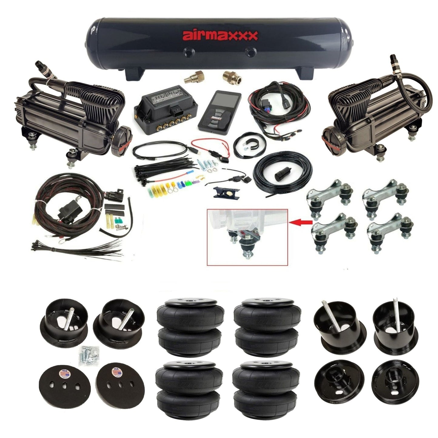 air lift 3p 27685 air ride kit with black X-series compressors black steel tank & Airlift bags & airmaxxx bolt on brackets fits 1961-62 cadillac K-CAD6162-XB2-57S-27685-WK-3P2D25