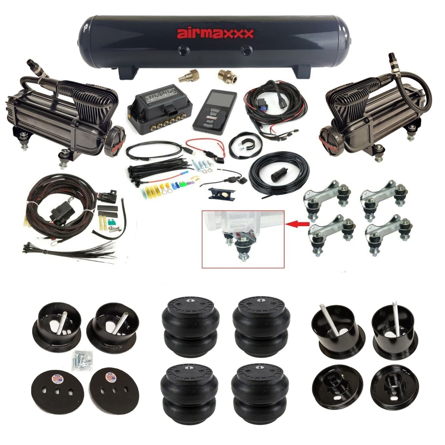 air lift 3p 27685 air ride kit with black X-series compressors black steel tank & Slam bags & airmaxxx bolt on brackets fits 1961-62 cadillac K-CAD6162-XB2-57S-27685-WK-3P2SS7