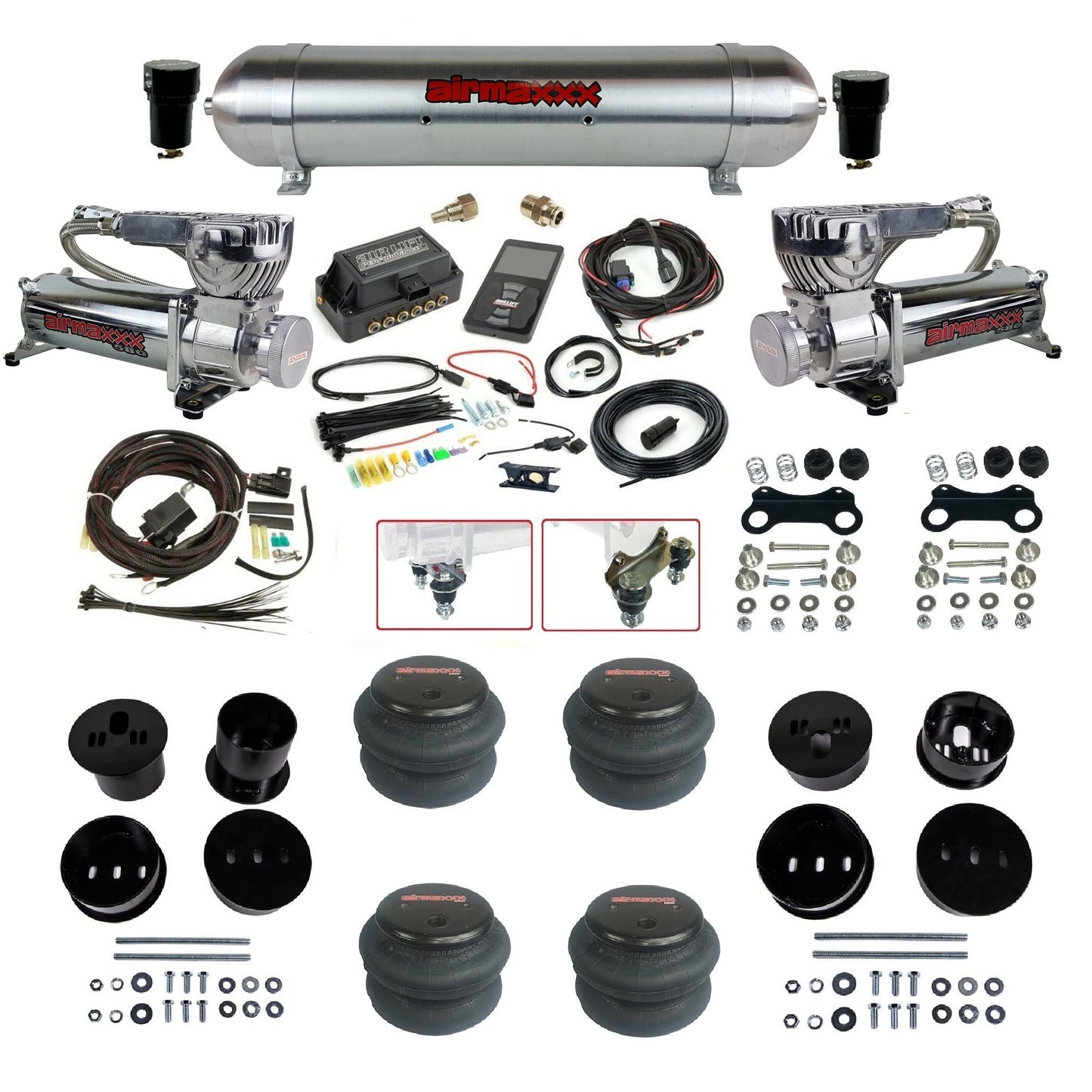 air lift 3p 27685 air ride kit with chrome 580 compressors raw aluminum tank 2600 bags & airmaxxx bolt on brackets fits 1958-60 cadillac KCAD58-580C2-57ARW-27685-WK-3P2