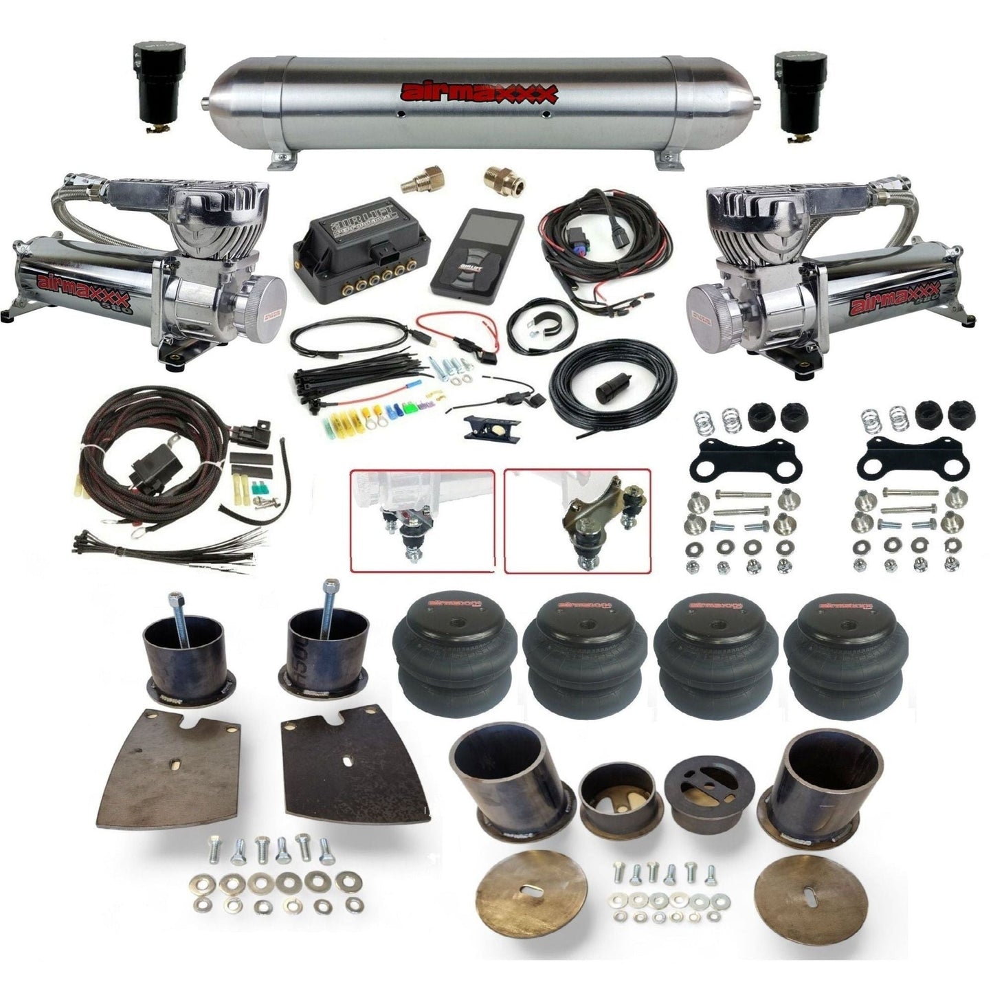 air lift 3p 27685 air ride kit with chrome 580 compressors raw aluminum tank & 2600 bags fits 1961-64 buick KBUI61-580C2-57ARW-27685-WK-3P2