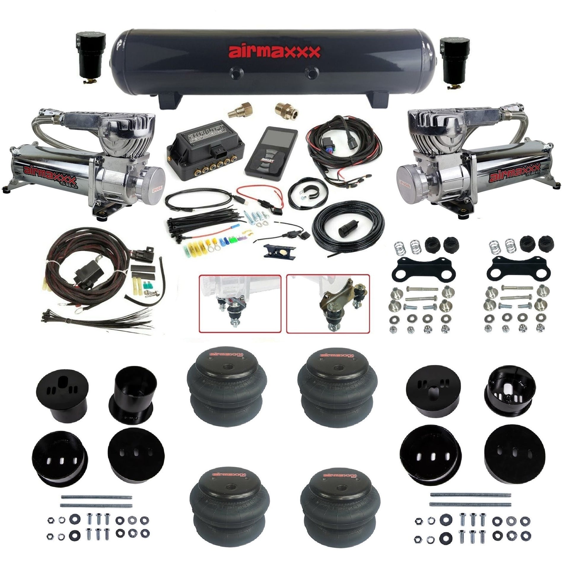 air lift 3p 27685 air ride kit with chrome 580 compressors steel tank 2600 bags & airmaxxx bolt on brackets fits 1958-60 cadillac KCAD58-580C2-57S-27685-WK-3P2