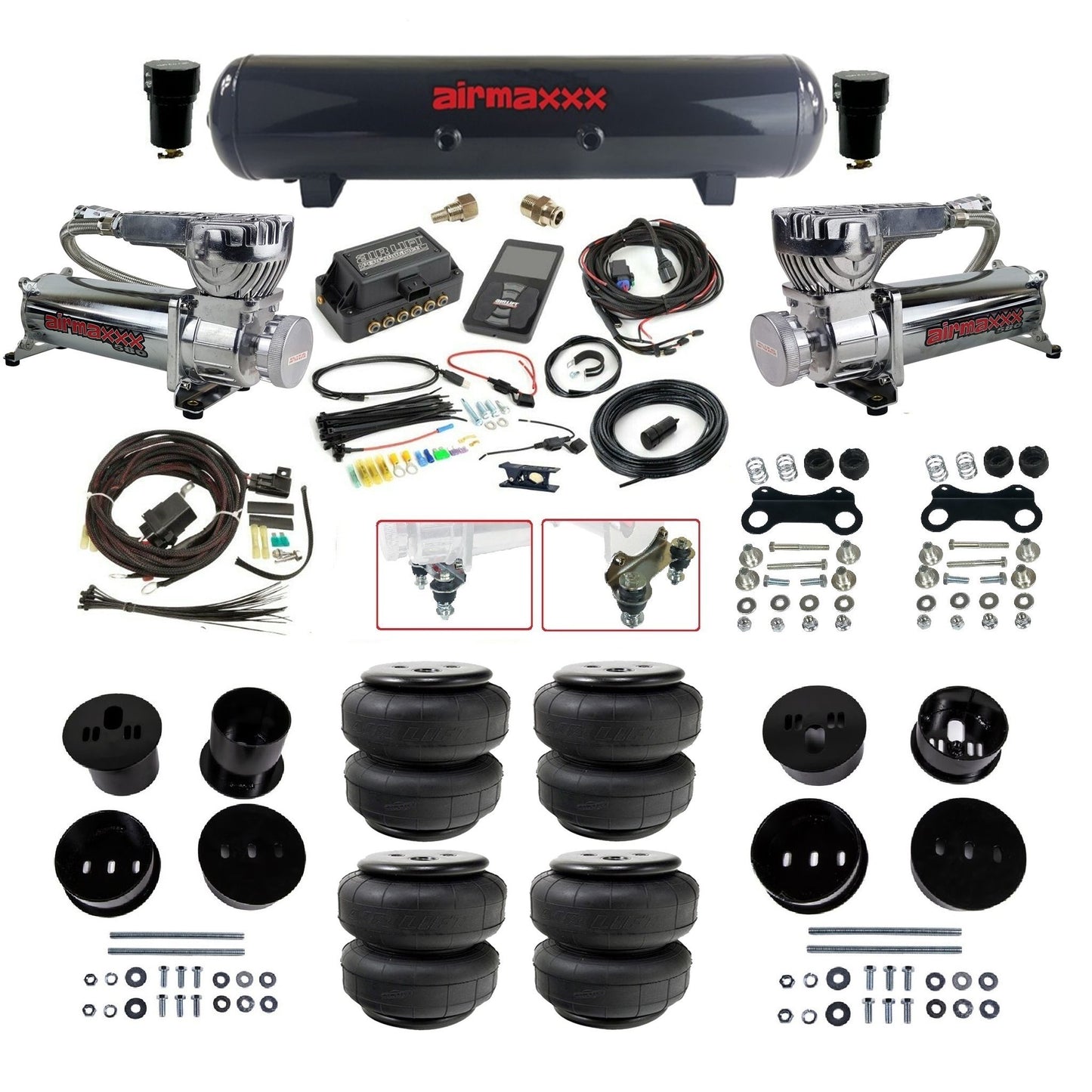 air lift 3p 27685 air ride kit with chrome 580 compressors steel tank airlift bags & airmaxxx bolt on brackets fits 1958-60 cadillac KCAD58-580C2-57S-27685-WK-3P2D25