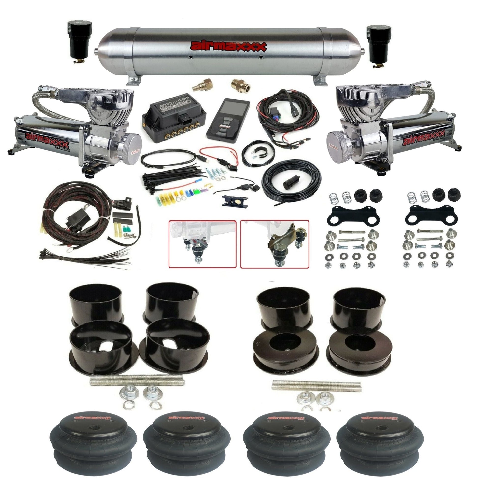 air lift 3p 27685 dual 580 chrome compressors raw aluminum tank 2600 bags & airmaxxx brackets air ride kit for 1971-96 gm b-body KBBDY-580C2-57ARW-27685-WK-3P2