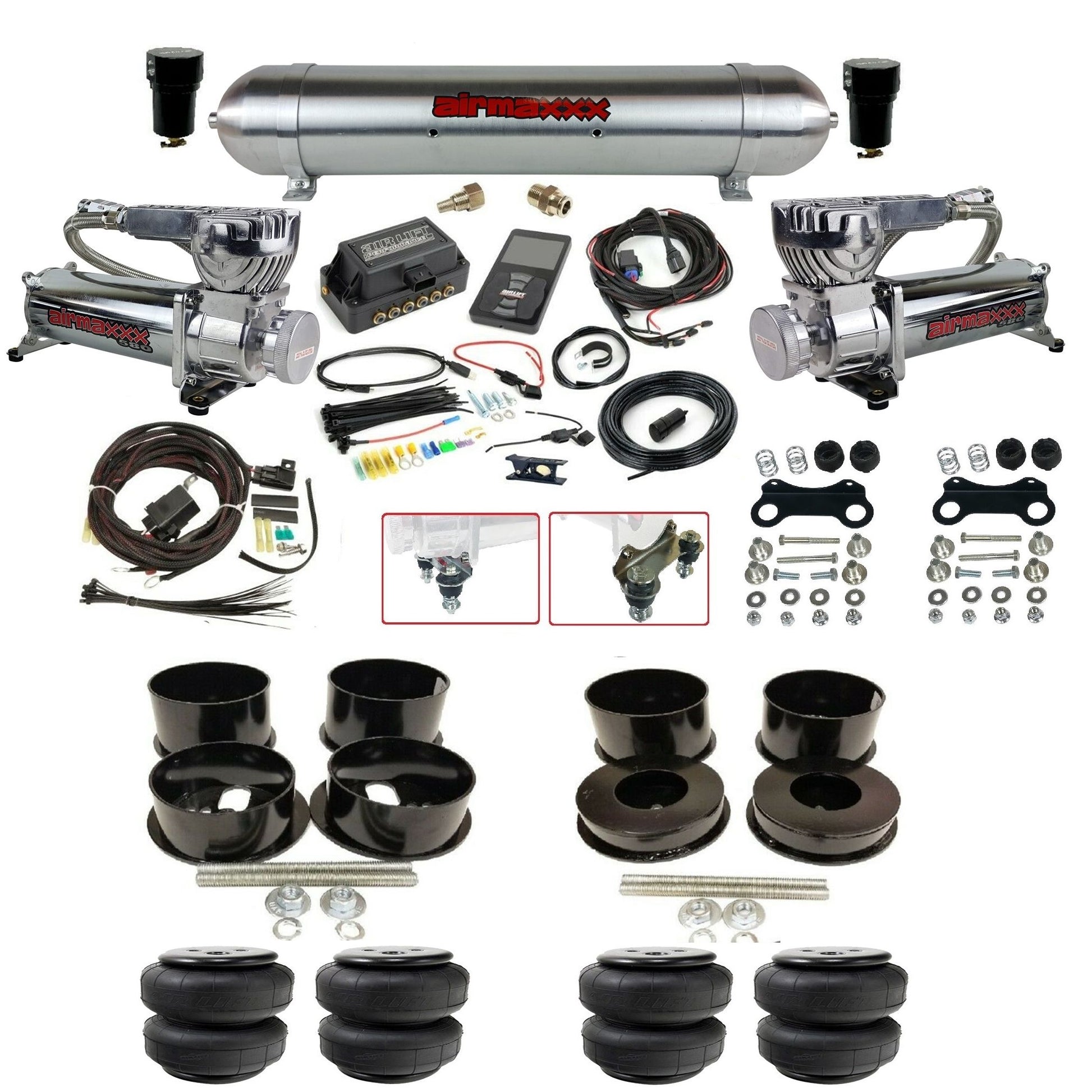 air lift 3p 27685 dual 580 chrome compressors raw aluminum tank airlift bags & airmaxxx brackets air ride kit for 1971-96 gm b-body KBBDY-580C2-57ARW-27685-WK-3P2D25