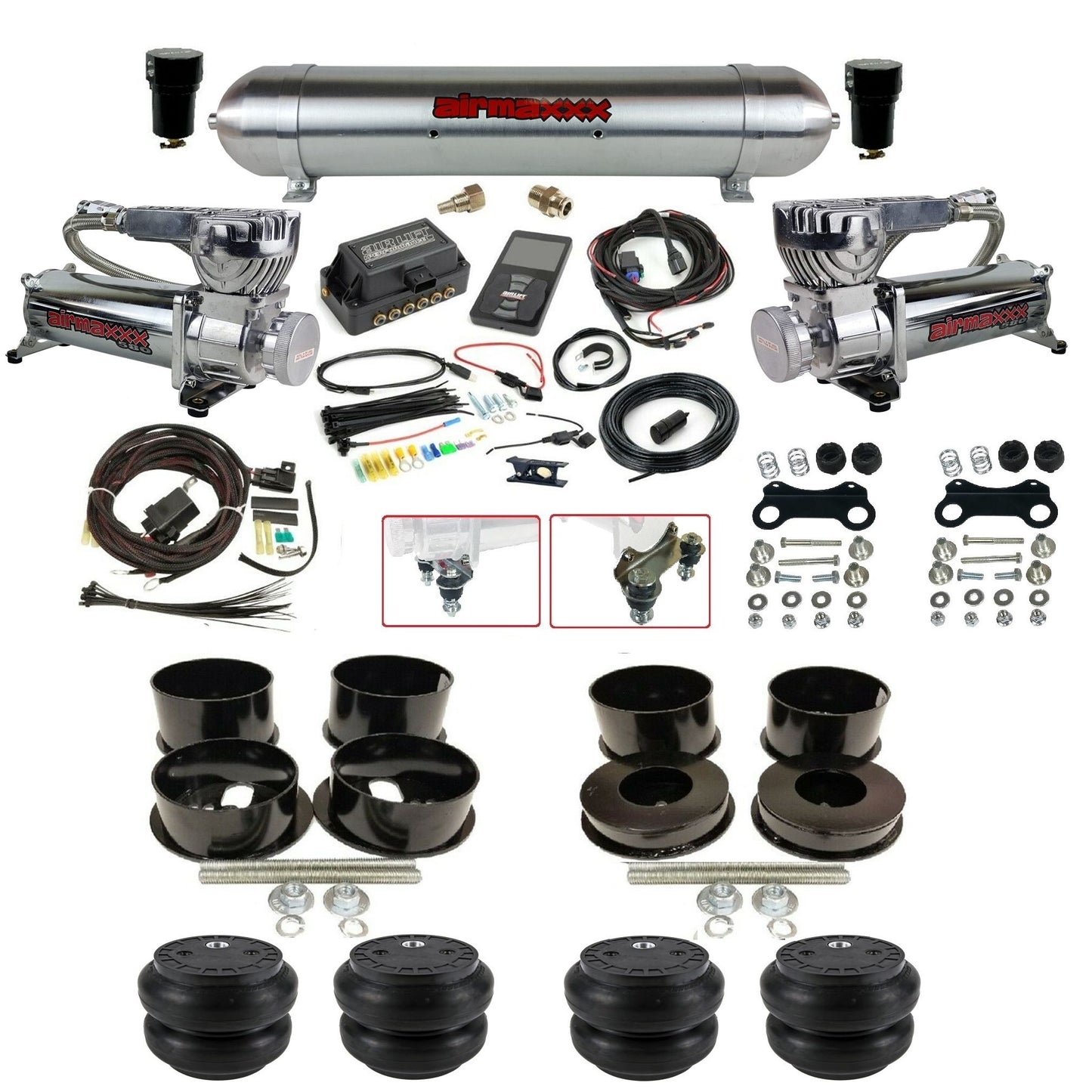 air lift 3p 27685 dual 580 chrome compressors raw aluminum tank slam bags & airmaxxx brackets air ride kit for 1971-96 gm b-body KBBDY-580C2-57ARW-27685-WK-3P2SS7