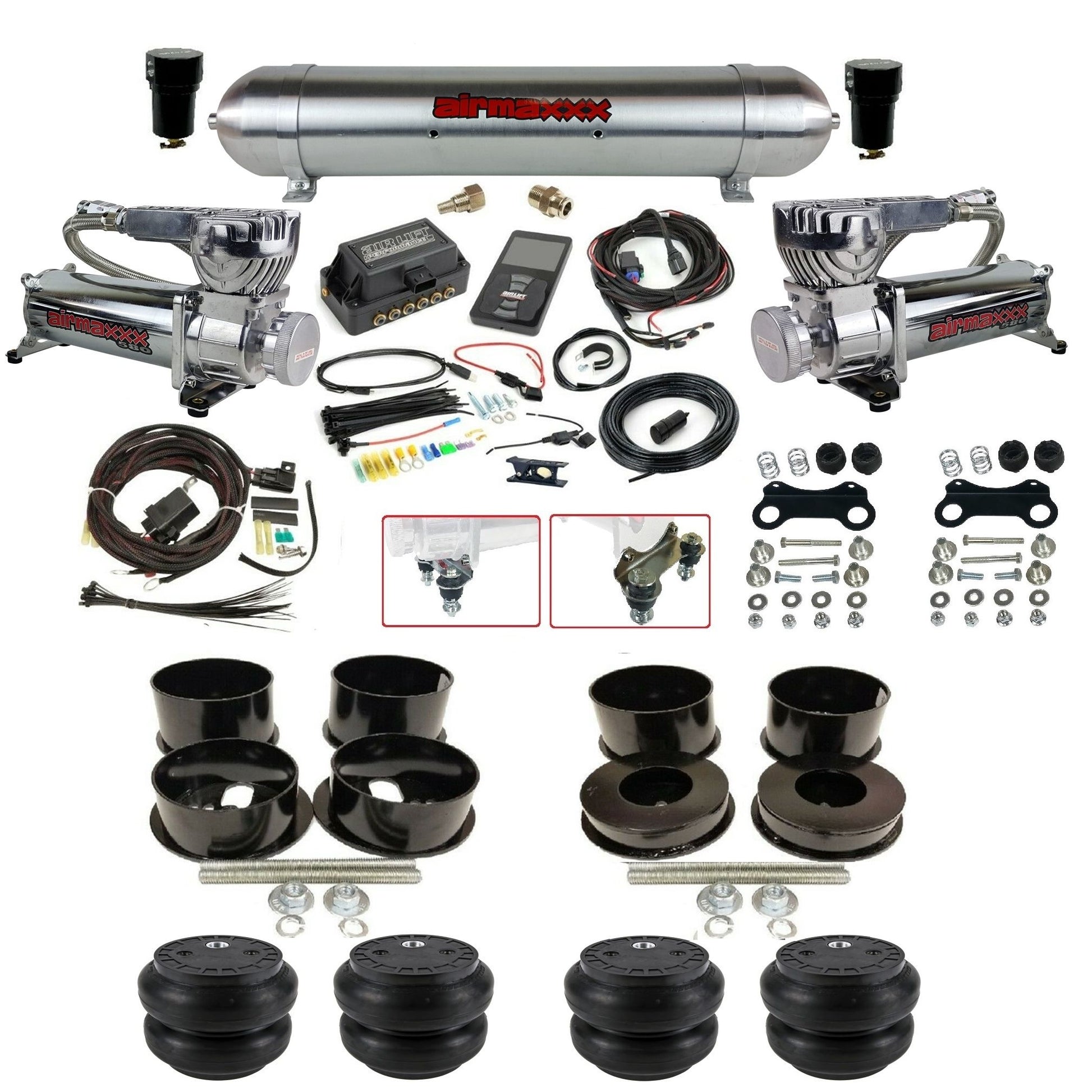air lift 3p 27685 dual 580 chrome compressors raw aluminum tank slam bags & airmaxxx brackets air ride kit for 1971-96 gm b-body KBBDY-580C2-57ARW-27685-WK-3P2SS7