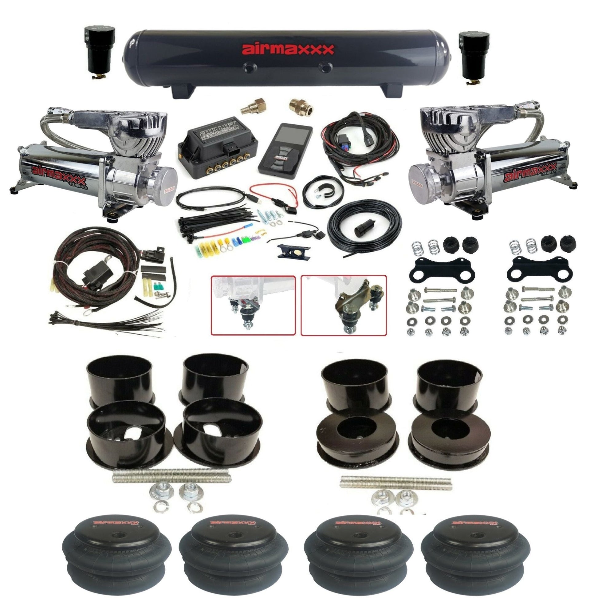 air lift 3p 27685 dual 580 chrome compressors steel tank 2600 bags & airmaxxx brackets air ride kit for 1971-96 gm b-body KBBDY-580C2-57S-27685-WK-3P2