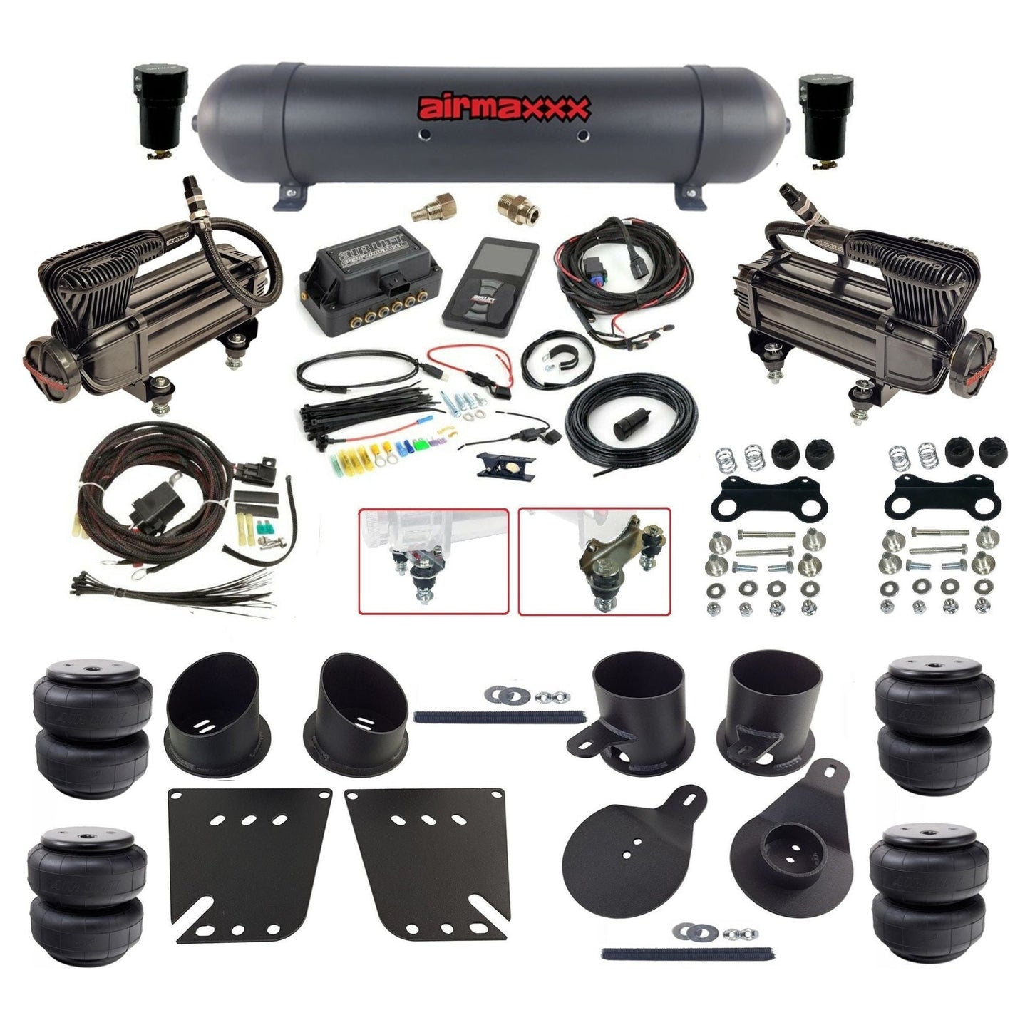 air lift 3p 27685 dual X-series compressors aluminum tank airlift bags & airmaxxx brackets air ride kit for 1958-64 chevy impala KIMP58-XB2-57ABK-27685-WK-3P2.D25