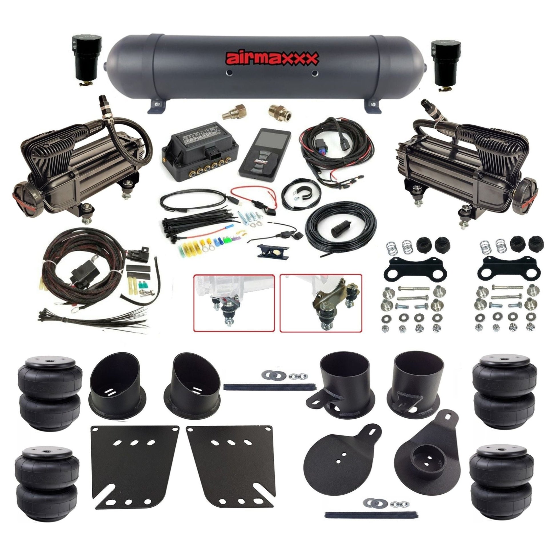 air lift 3p 27685 dual X-series compressors aluminum tank airlift bags & airmaxxx brackets air ride kit for 1958-64 chevy impala KIMP58-XB2-57ABK-27685-WK-3P2.D25