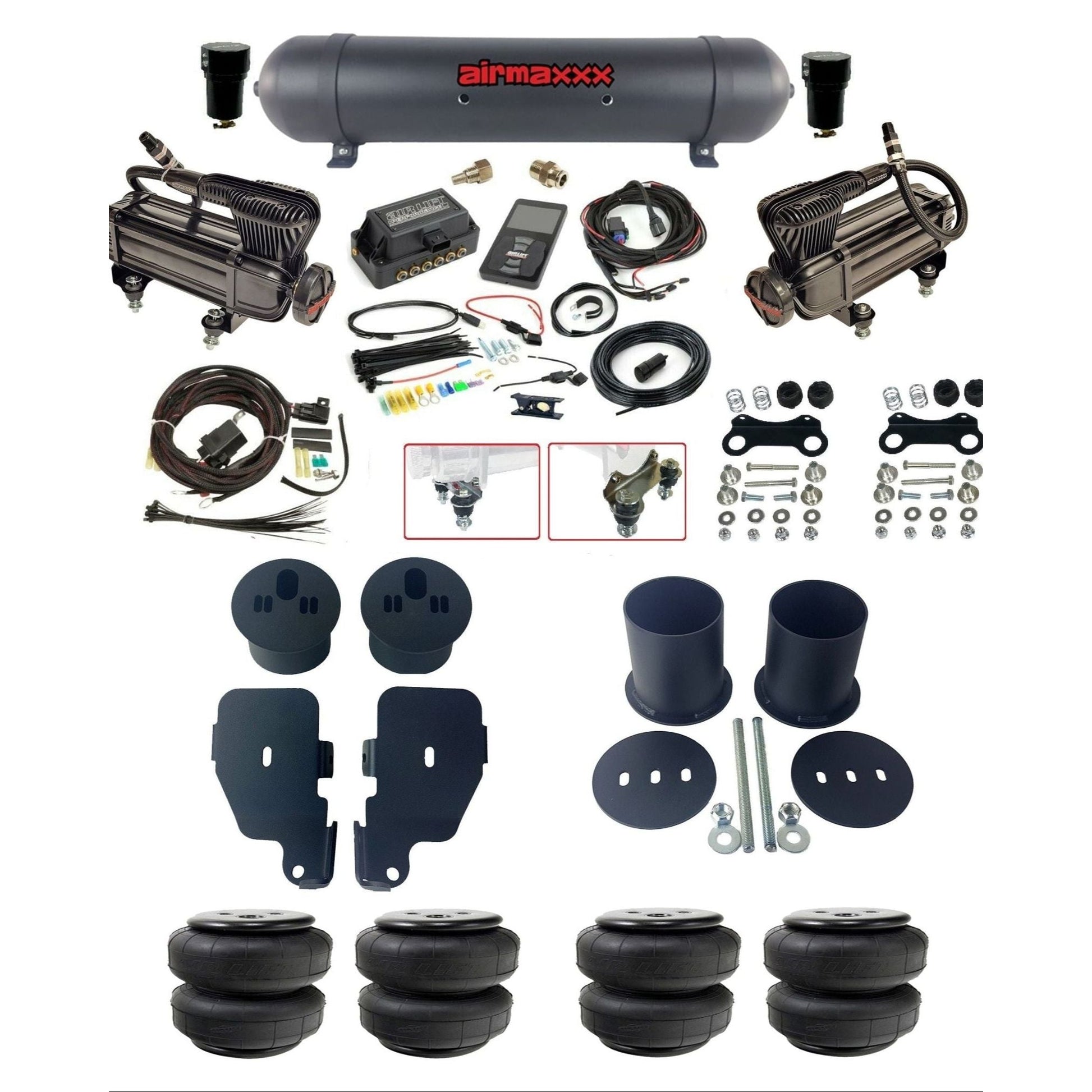 air lift 3p 27685 dual X-series compressors aluminum tank airlift bags & airmaxxx brackets air ride kit for 1965-70 chevy impala KIMP65-XB2-57ABK-27685-WK-3P2D25