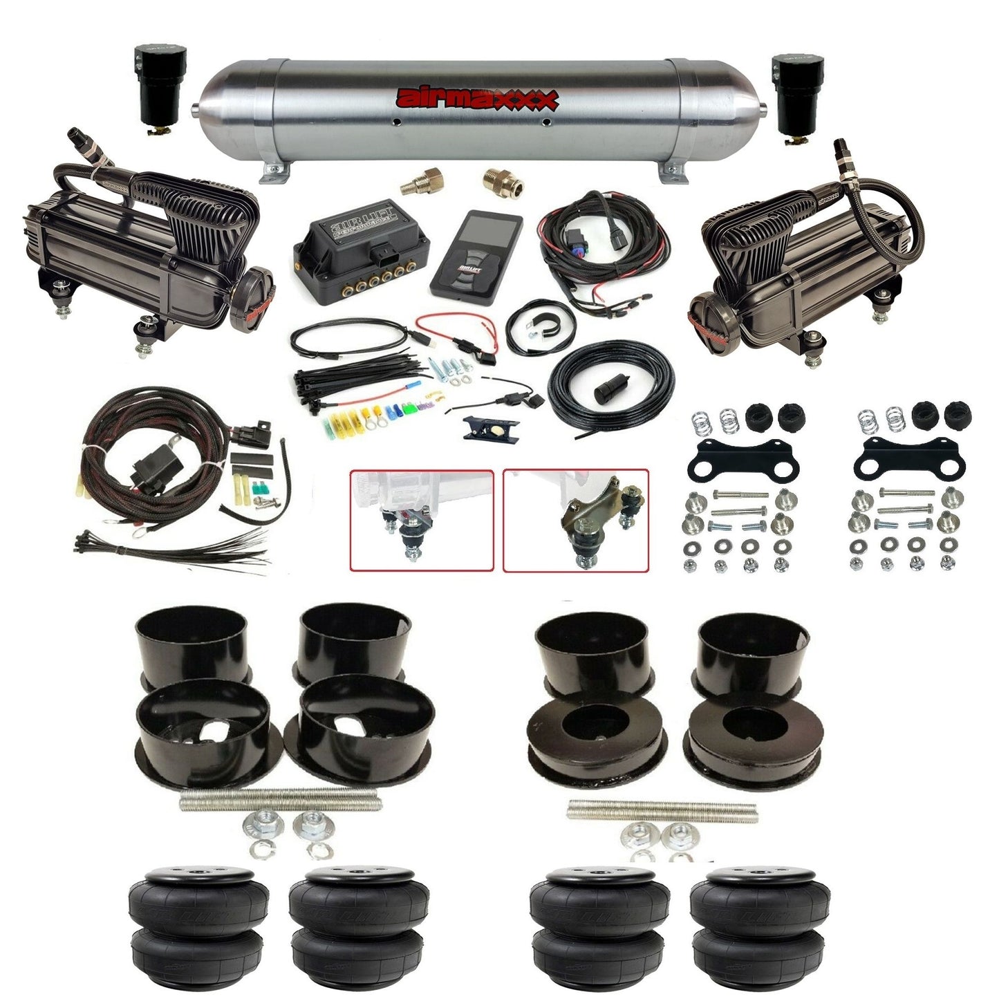 air lift 3p 27685 dual X-series compressors raw aluminum tank airlift bags & airmaxxx brackets air ride kit for 1971-96 gm b-body KBBDY-XB2-57ARW-27685-WK-3P2D25
