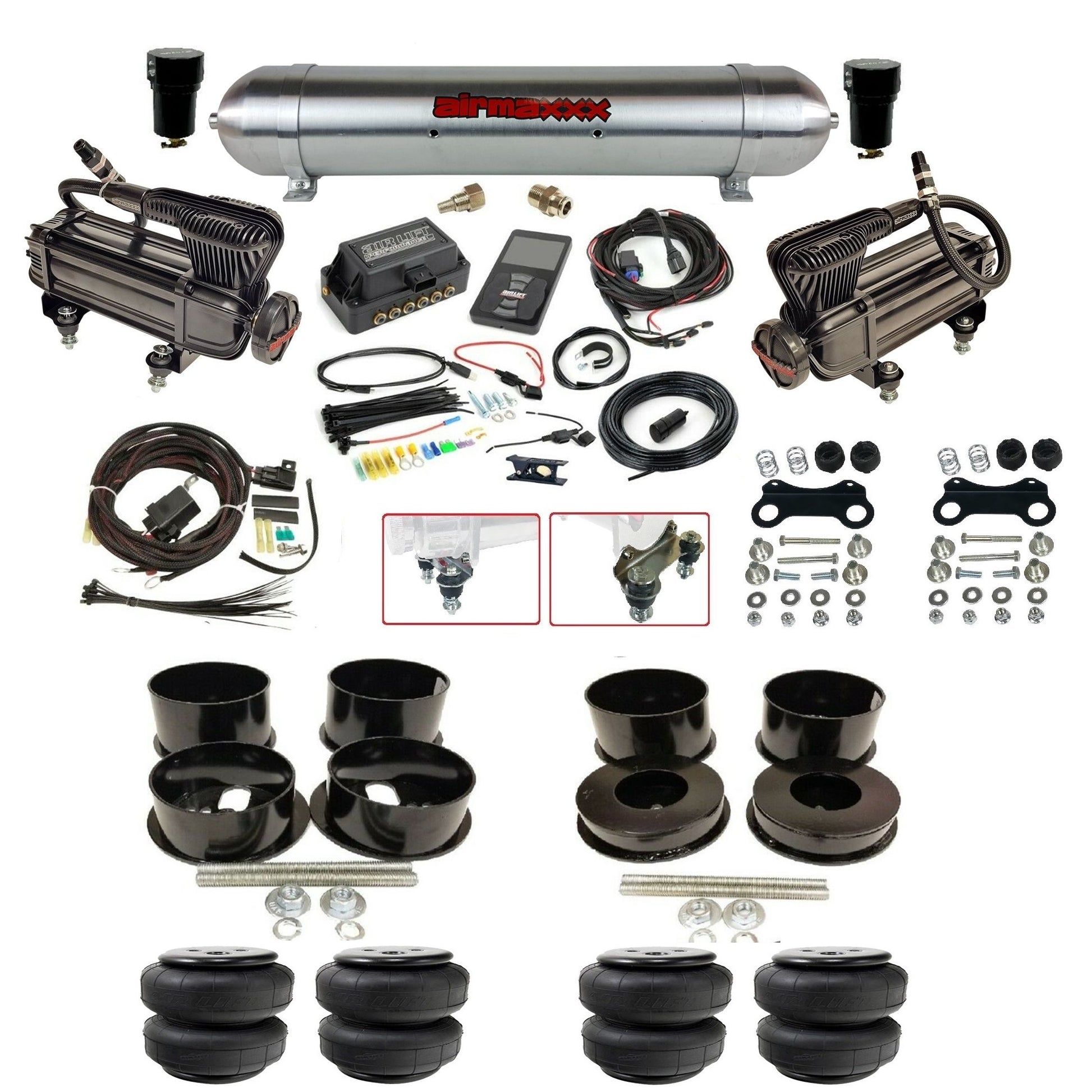 air lift 3p 27685 dual X-series compressors raw aluminum tank airlift bags & airmaxxx brackets air ride kit for 1971-96 gm b-body KBBDY-XB2-57ARW-27685-WK-3P2D25