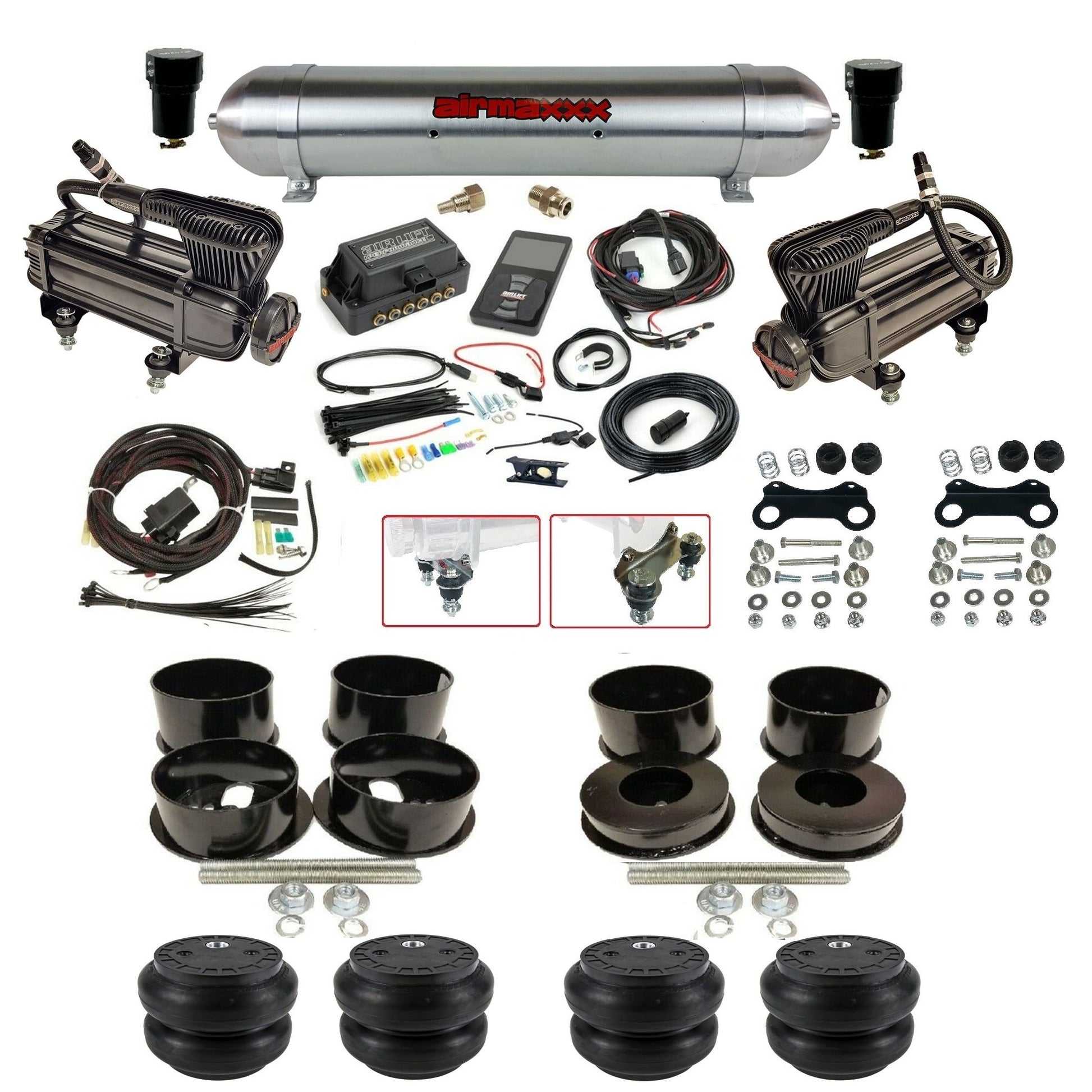 air lift 3p 27685 dual X-series compressors raw aluminum tank slam bags & airmaxxx brackets air ride kit for 1971-96 gm b-body KBBDY-XB2-57ARW-27685-WK-3P2SS7
