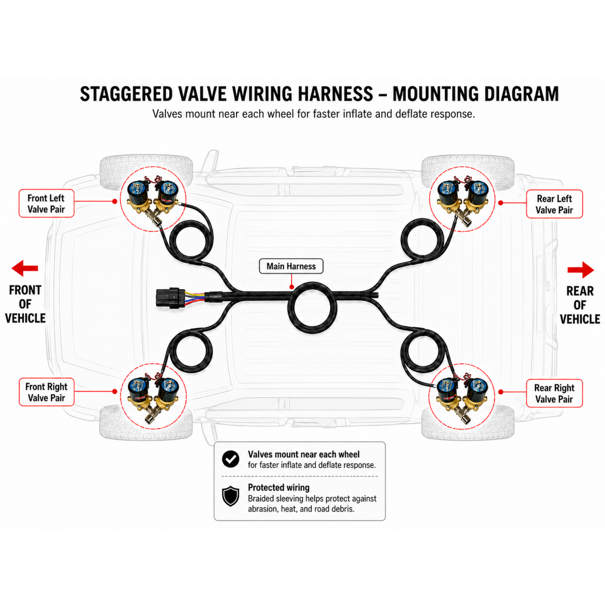 staggered valve wiring layout for faster air bag response | 25 foot airmaxxx valve harness for mini truck air ride systems