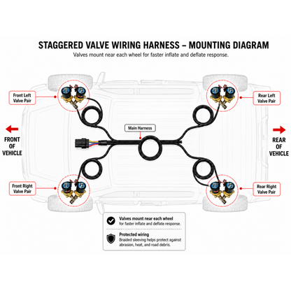 staggered valve wiring layout for faster air bag response | 25 foot airmaxxx valve harness for mini truck air ride systems