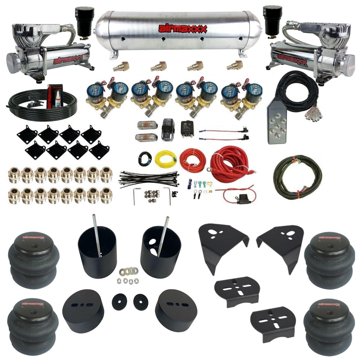 airmaxxx 1/2" Fast Bag air suspension kit w/580 chrome compressors 2600 bags & aluminum tank for 1988–1998 Chevy C15 KGM88-580C2-812-59ARW-7TBK-WK-HF