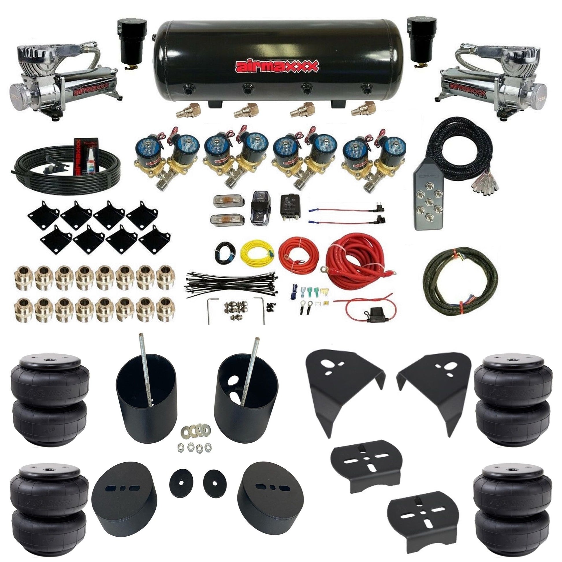 airmaxxx 1/2" Fast Bag air suspension kit w/580 chrome compressors airlift bags & 8 gallon tank for 1988–1998 Chevy C15 KGM88-580C2-812-89-7TBK-WK-HFD26
