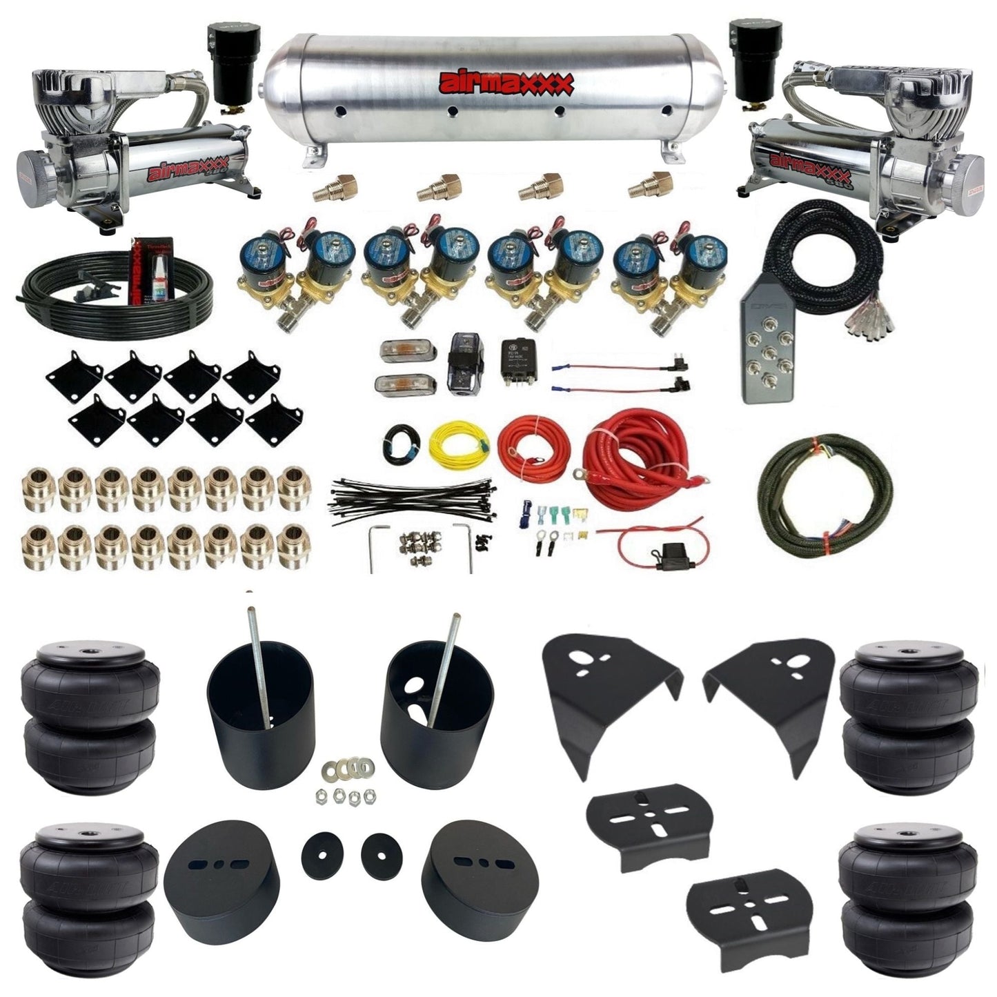 airmaxxx 1/2" Fast Bag air suspension kit w/580 chrome compressors airlift bags & aluminum tank for 1988–1998 Chevy C15 KGM88-580C2-812-59ARW-7TBK-WK-HFD26