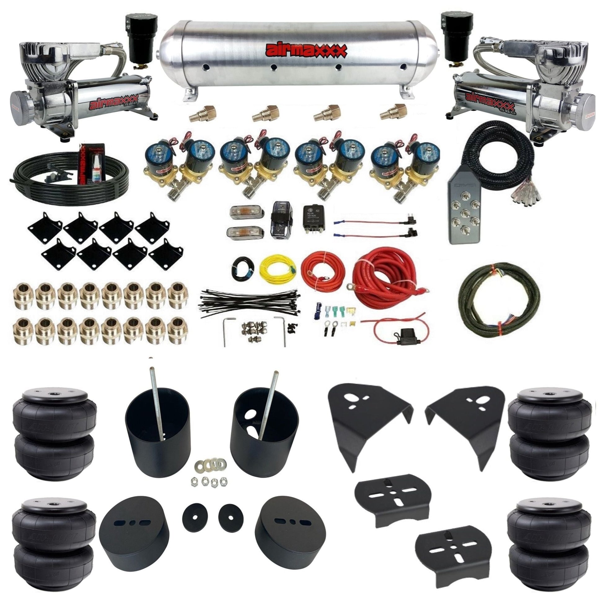 airmaxxx 1/2" Fast Bag air suspension kit w/580 chrome compressors airlift bags & aluminum tank for 1988–1998 Chevy C15 KGM88-580C2-812-59ARW-7TBK-WK-HFD26