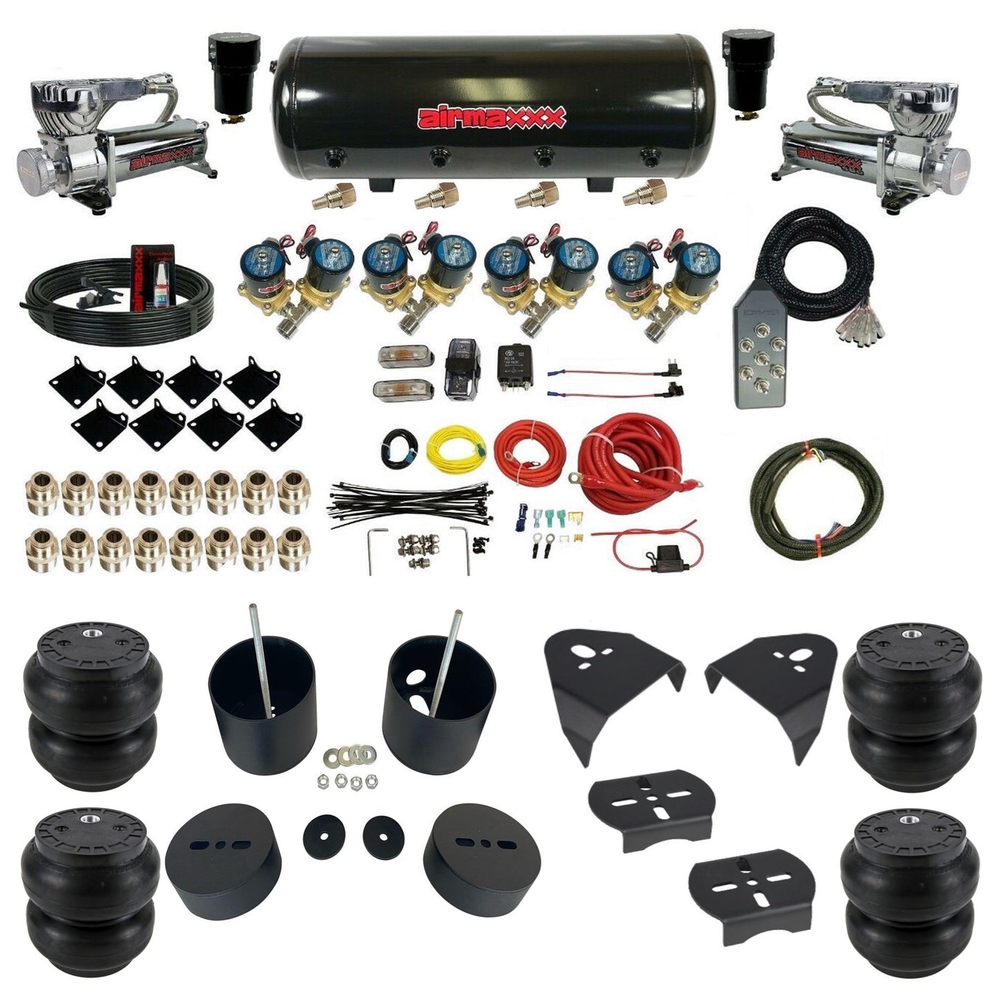 airmaxxx 1/2" Fast Bag air suspension kit w/580 chrome compressors slam bags & 8 gallon tank for 1988–1998 Chevy C15 KGM88-580C2-812-89-7TBK-WK-HFSS7