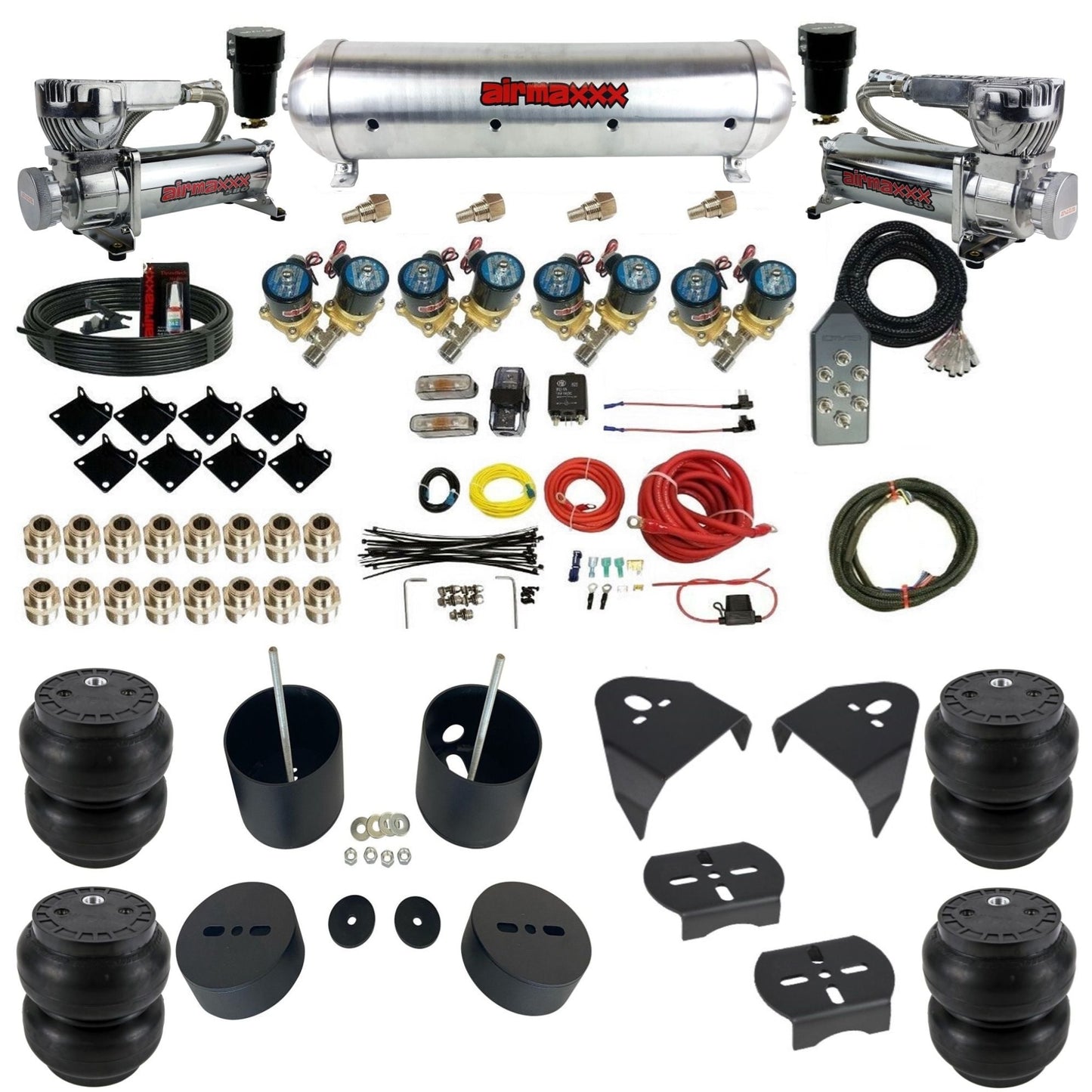 airmaxxx 1/2" Fast Bag air suspension kit w/580 chrome compressors slam bags & aluminum tank for 1988–1998 Chevy C15 KGM88-580C2-812-59ARW-7TBK-WK-HFSS7