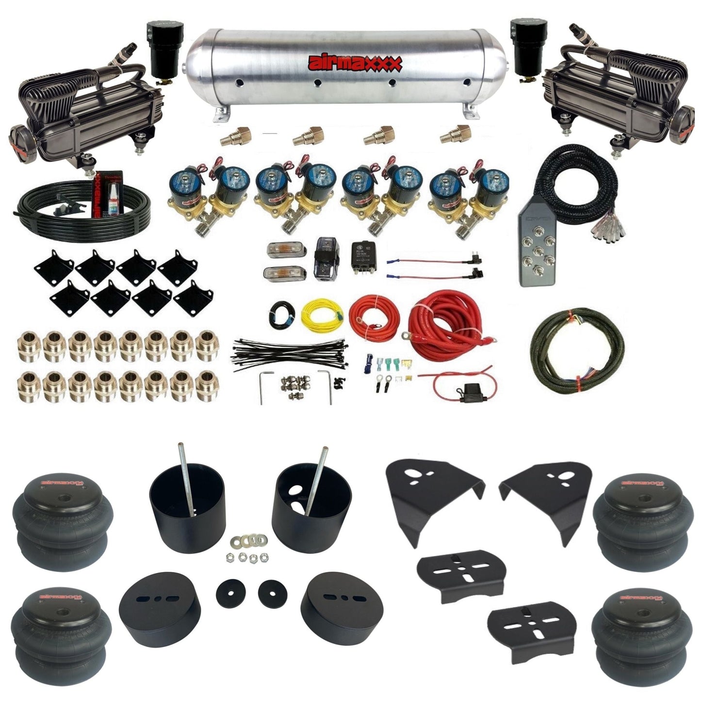 airmaxxx 1/2" Fast Bag air suspension kit w/x-series compressors 2600 bags & aluminum tank for 1988–1998 Chevy C15  KGM88-XB2-812-59ARW-7TBK-WK-HF
