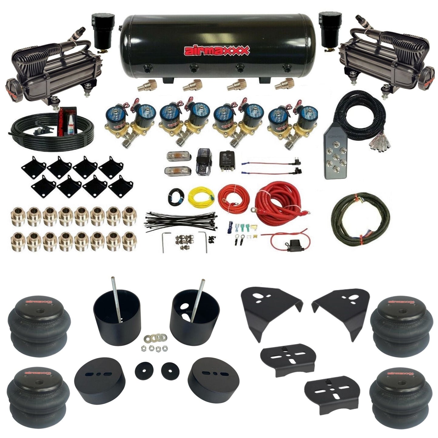 airmaxxx 1/2" Fast Bag air suspension kit w/x-series compressors 2600 bags & steel tank for 1988–1998 Chevy C15 KGM88-XB2-812-89-7TBK-WK-HF