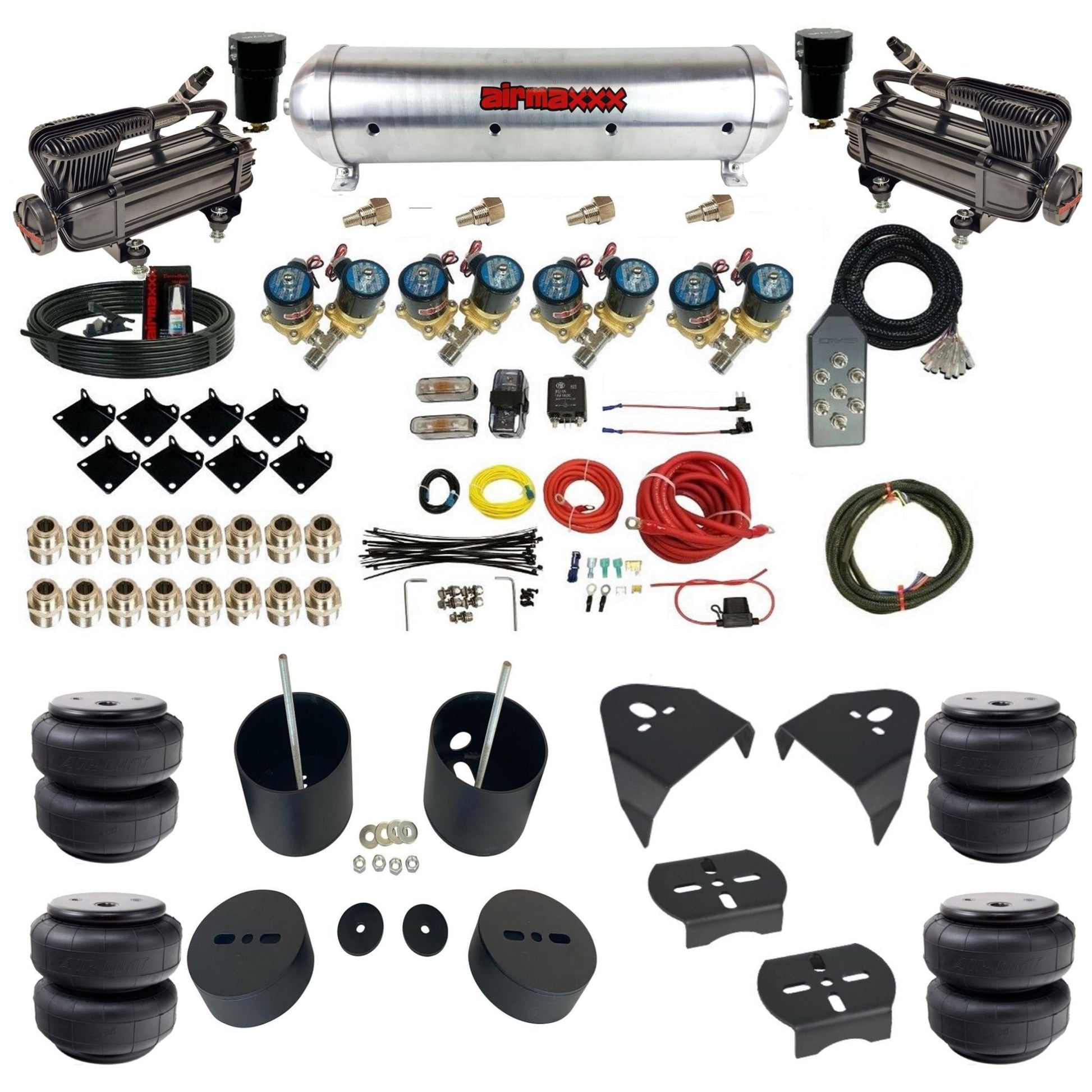airmaxxx 1/2" Fast Bag air suspension kit w/x-series compressors airlift bags & aluminum tank for 1988–1998 Chevy C15 KGM88-XB2-812-59ARW-7TBK-WK-HFD26 