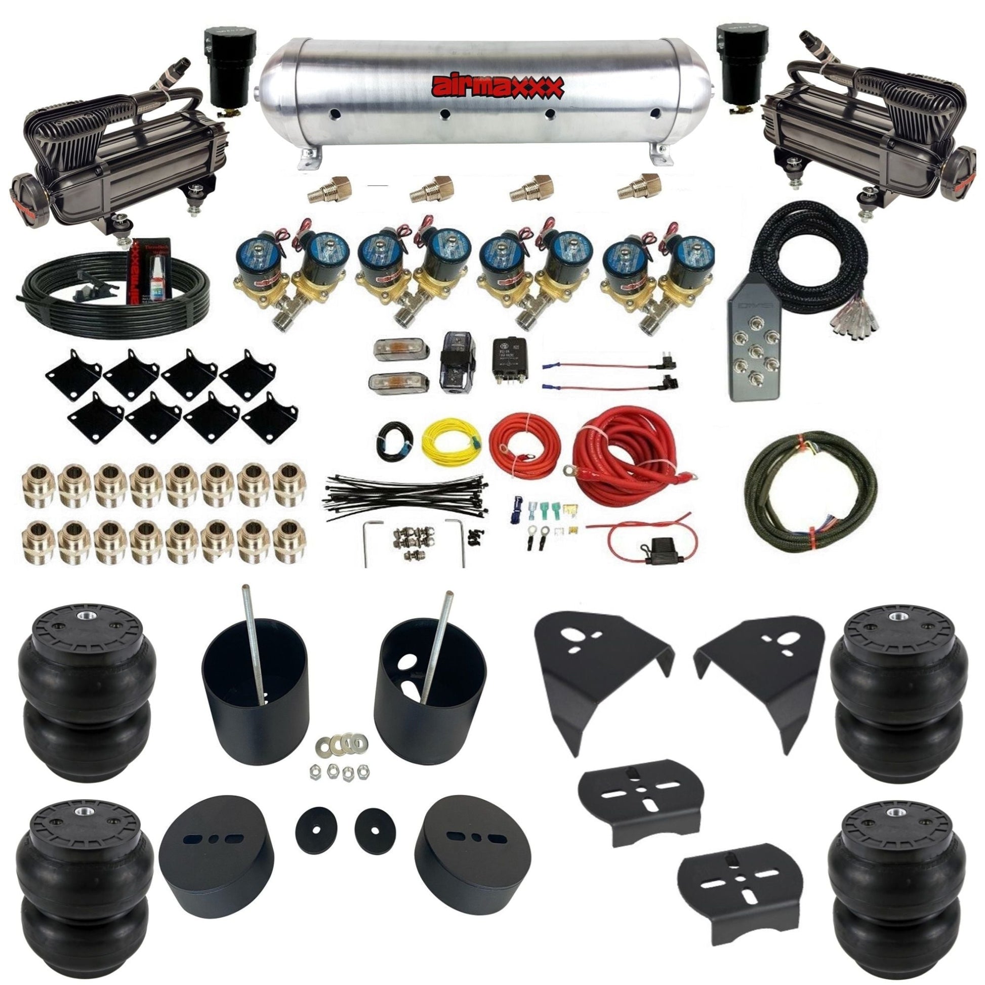 airmaxxx 1/2" Fast Bag air suspension kit w/x-series compressors slam bags & aluminum tank for 1988–1998 Chevy C15 KGM88-XB2-812-59ARW-7TBK-WK-HFSS7 