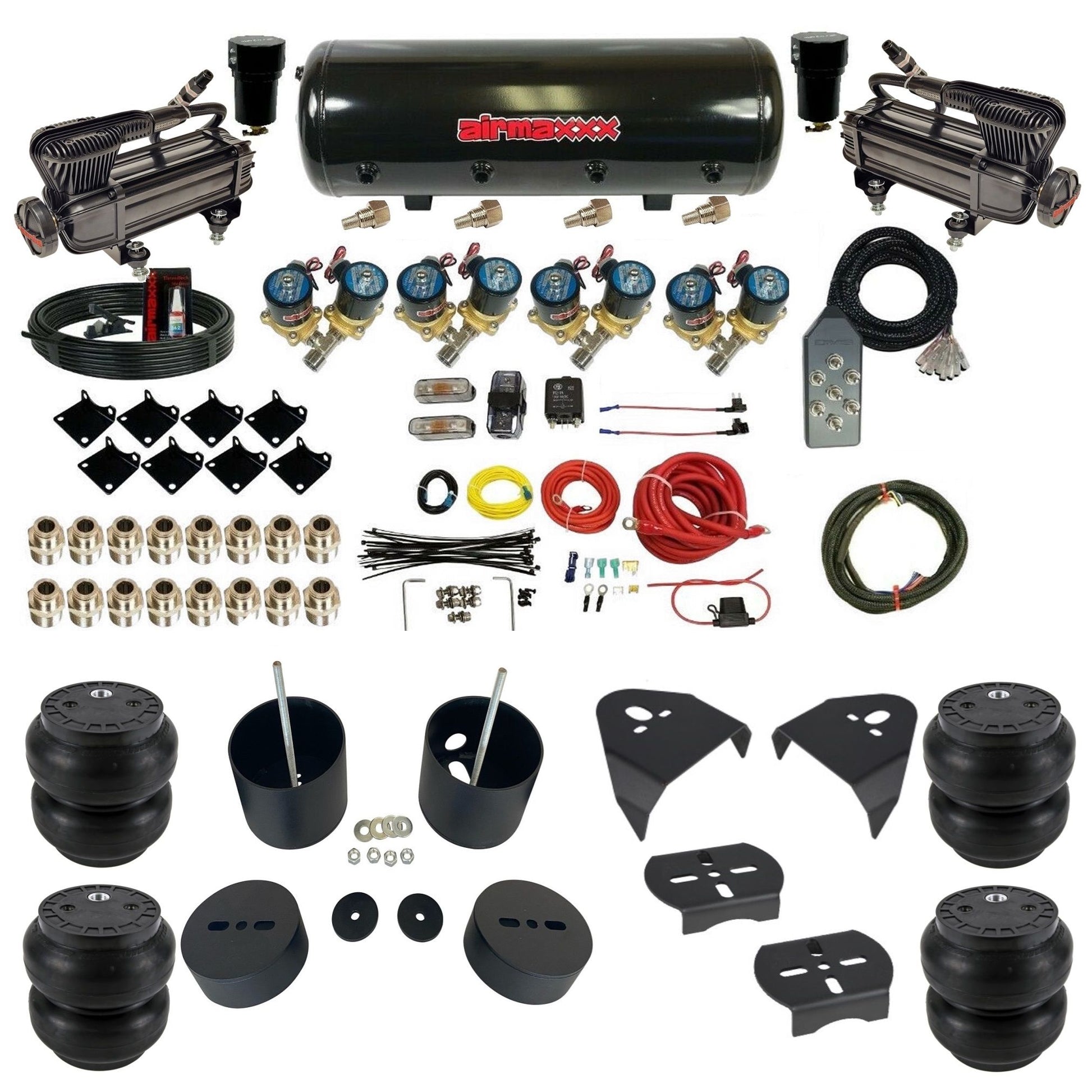 airmaxxx 1/2" Fast Bag air suspension kit w/x-series compressors slam bags & steel tank for 1988–1998 Chevy C15 KGM88-XB2-812-89-7TBK-WK-HFSS7