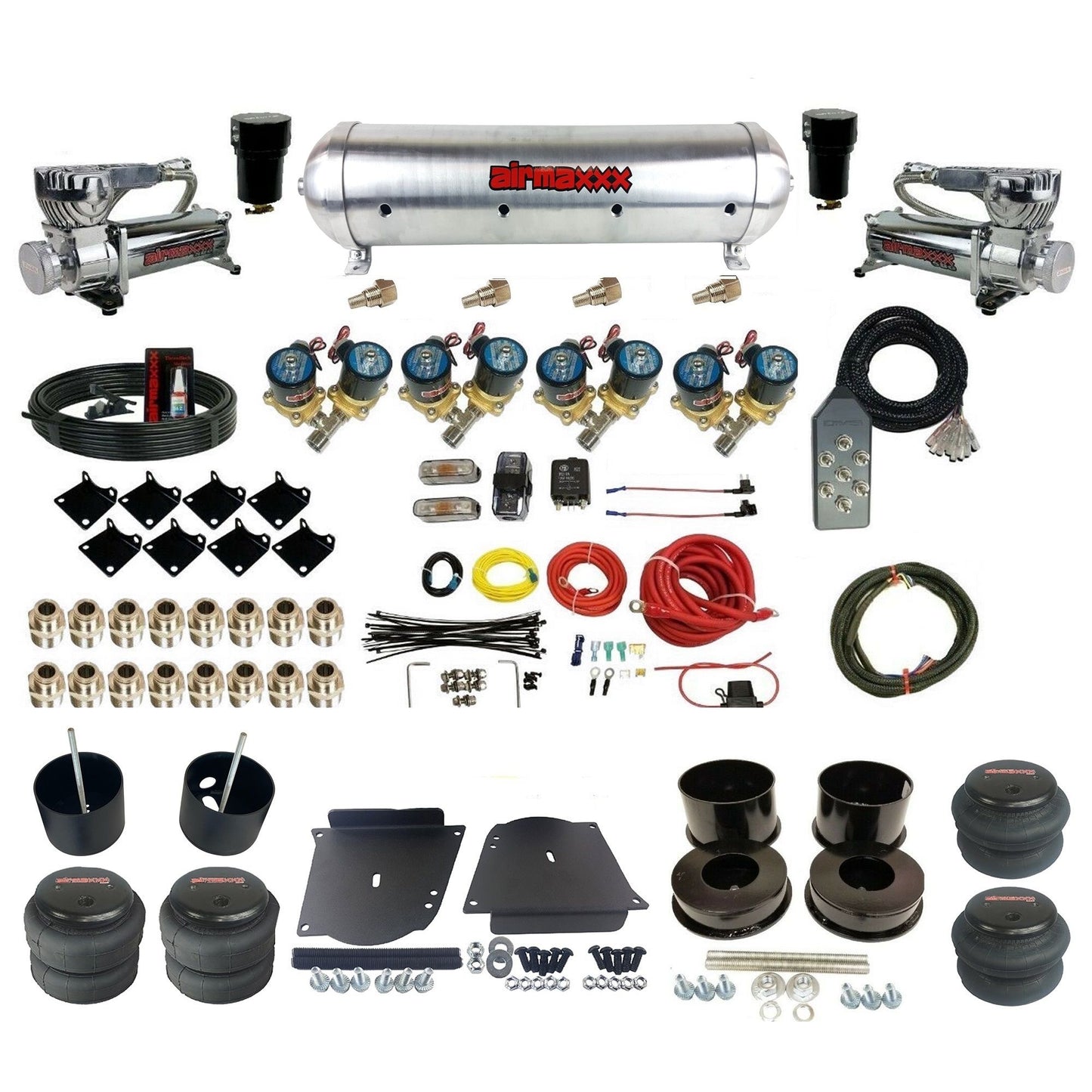 airmaxxx 1/2 fast bag air suspension kit  580 chrome compressors aluminum tank 2600 bags fits 1964 1972 gm a body KABDY-580C2-812-59ARW-7TBK-WK-HF