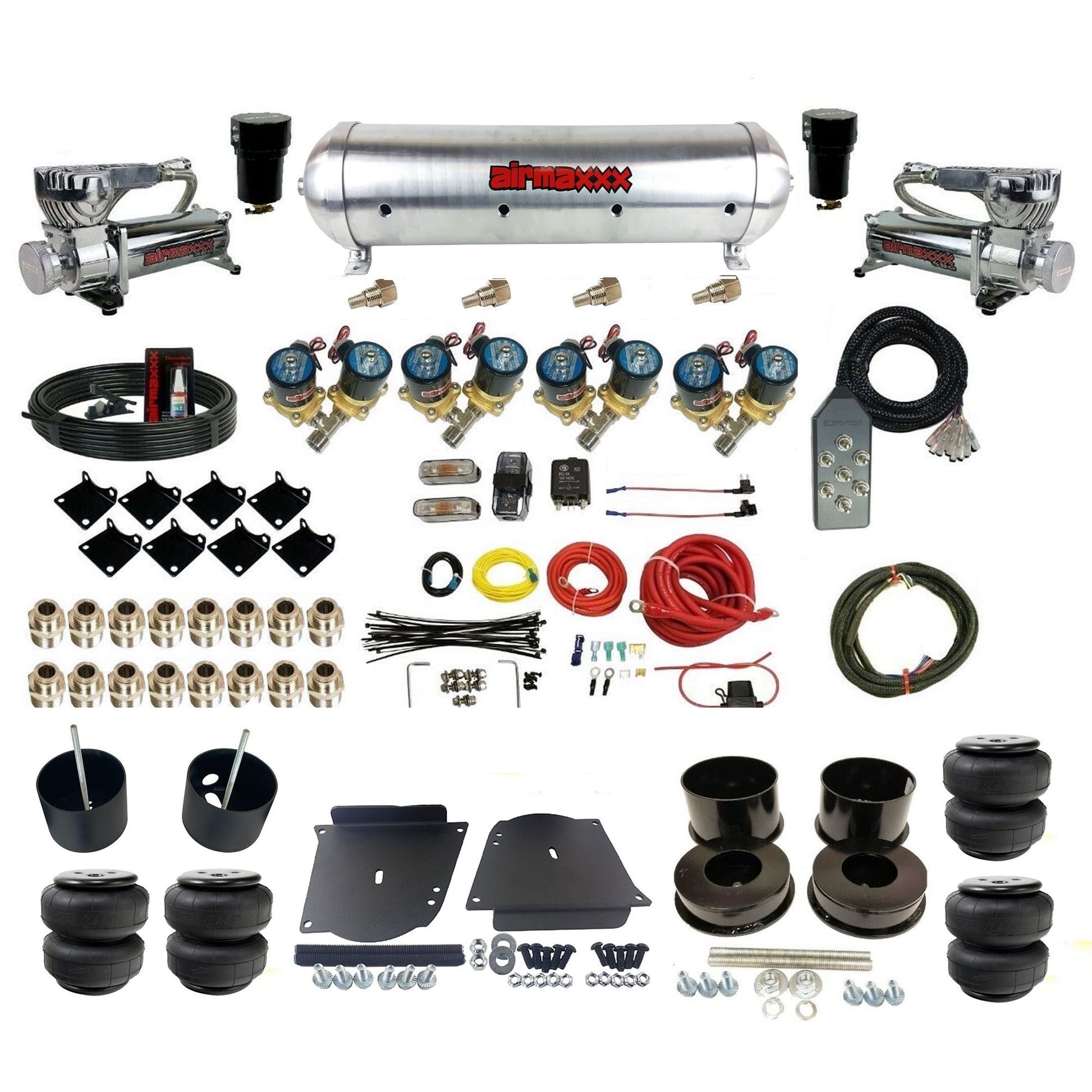 airmaxxx 1/2 fast bag air suspension kit  580 chrome compressors aluminum tank airlift bags fits 1964 1972 gm a body KABDY-580C2-812-59ARW-7TBK-WK-HFD25