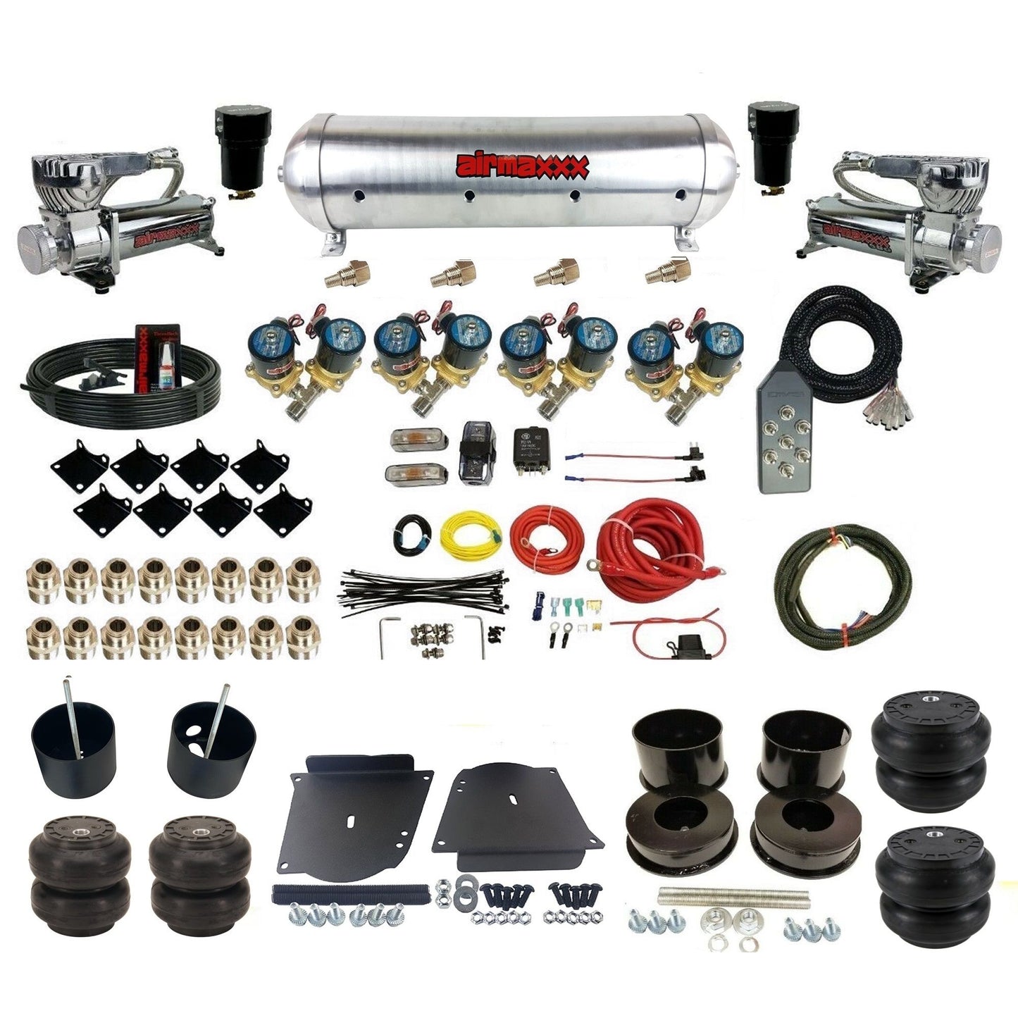 airmaxxx 1/2 fast bag air suspension kit  580 chrome compressors aluminum tank slam bags fits 1964 1972 gm a body KABDY-580C2-812-59ARW-7TBK-WK-HFSS6SS7 