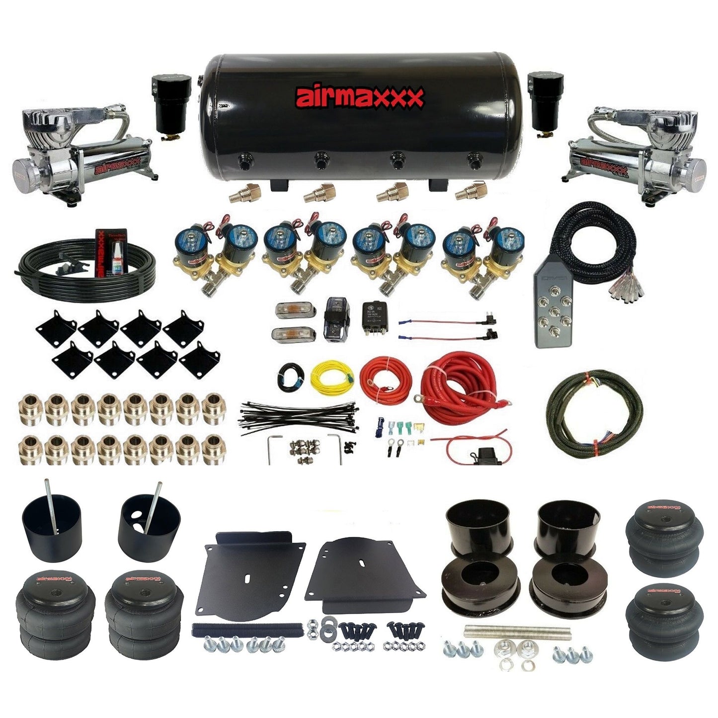 airmaxxx 1/2 fast bag air suspension kit  580 chrome compressors steel tank 2500/2600 bags fits 1964 1972 gm a body KABDY-580C2-812-89S-7TBK-WK-HF
