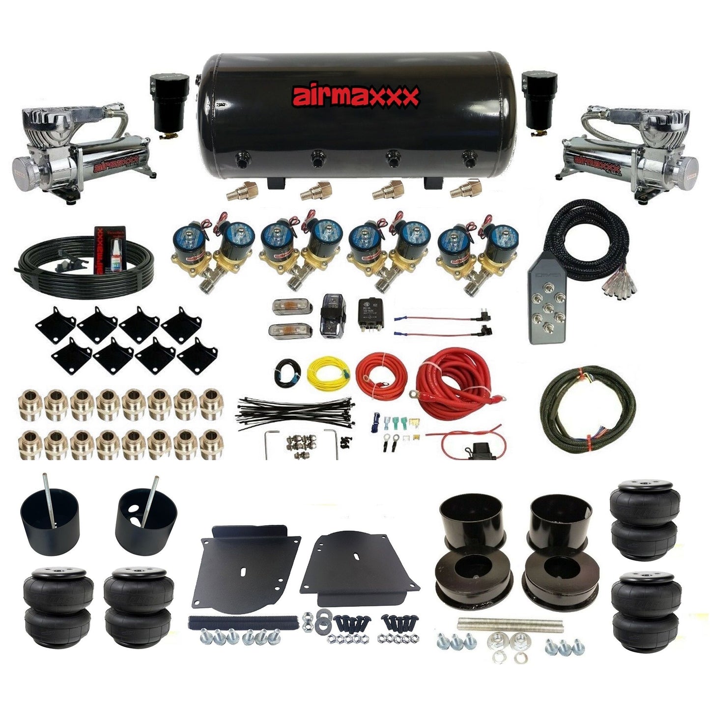 airmaxxx 1/2 fast bag air suspension kit  580 chrome compressors steel tank airlift bags fits 1964 1972 gm a body KABDY-580C2-812-89S-7TBK-WK-HFD25 