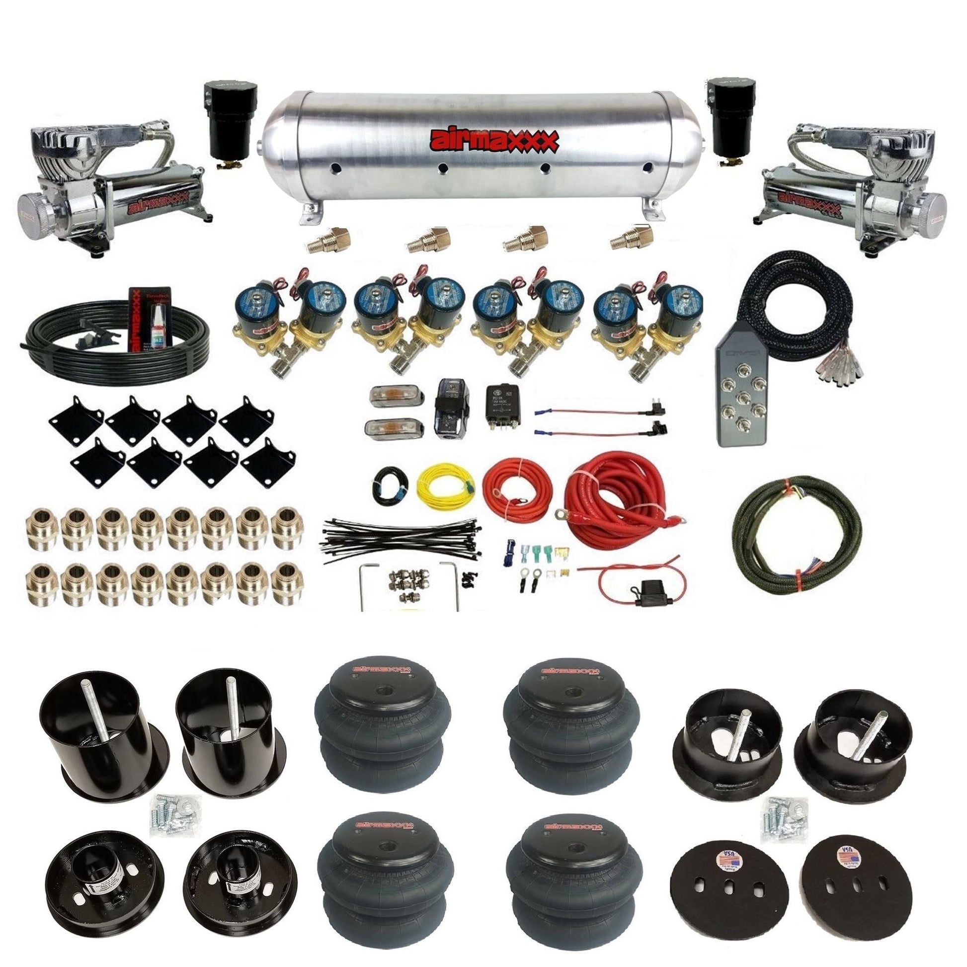 airmaxxx 1/2 fast bag air suspension kit with 580 chrome compressors aluminum tank and 2600 bags for 1963 1964 cadillac KCAD63-580C2-812-59ARW-7TBK-WK-HF