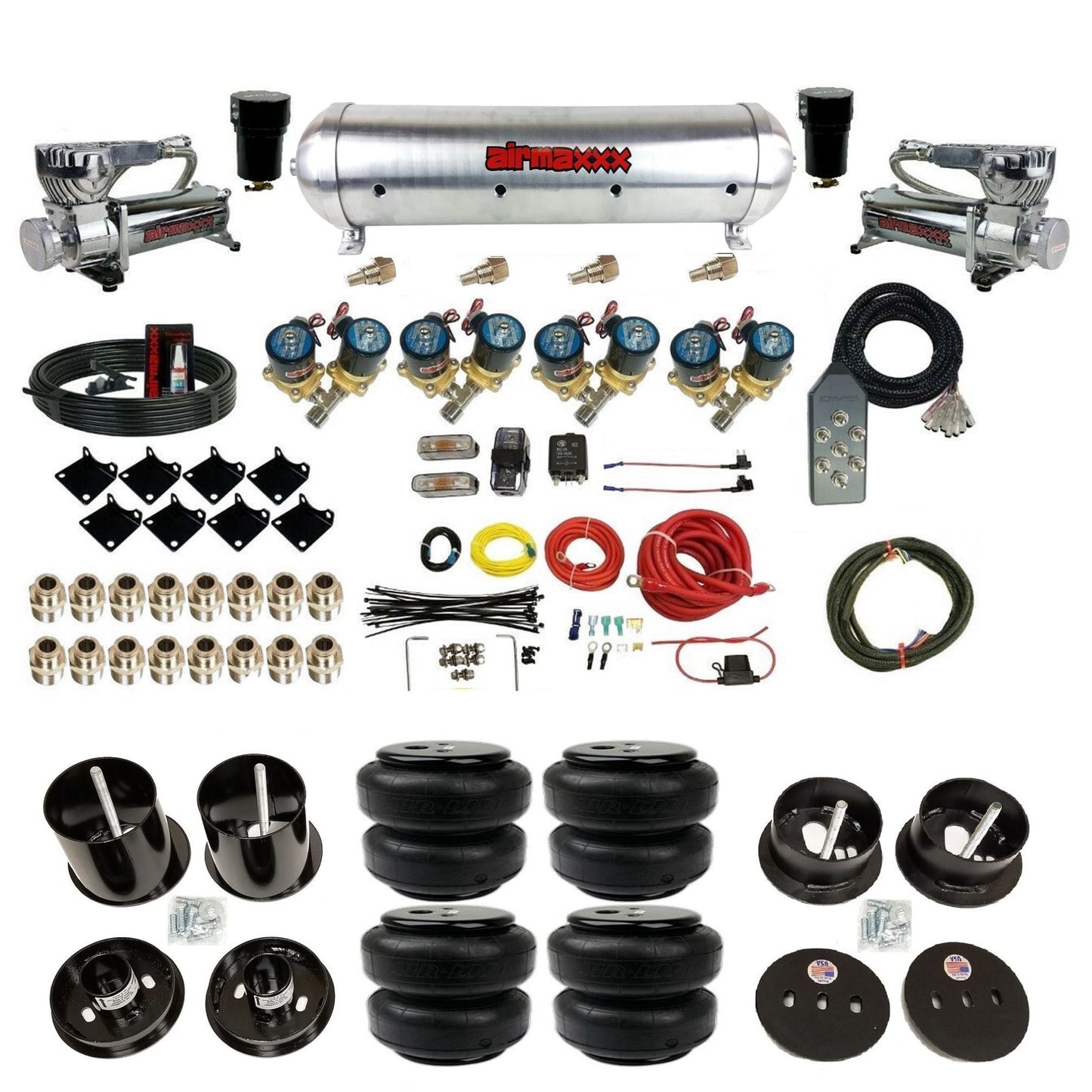 airmaxxx 1/2 fast bag air suspension kit with 580 chrome compressors aluminum tank and airlift bags for 1963 1964 cadillac KCAD63-580C2-812-59ARW-7TBK-WK-HFD25