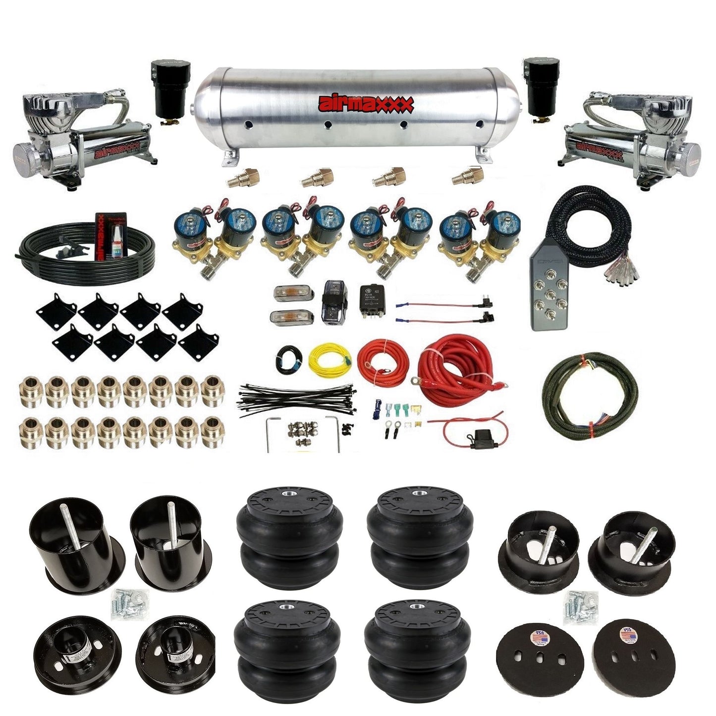 airmaxxx 1/2 fast bag air suspension kit with 580 chrome compressors aluminum tank and slam bags for 1963 1964 cadillac KCAD63-580C2-812-59ARW-7TBK-WK-HFSS7