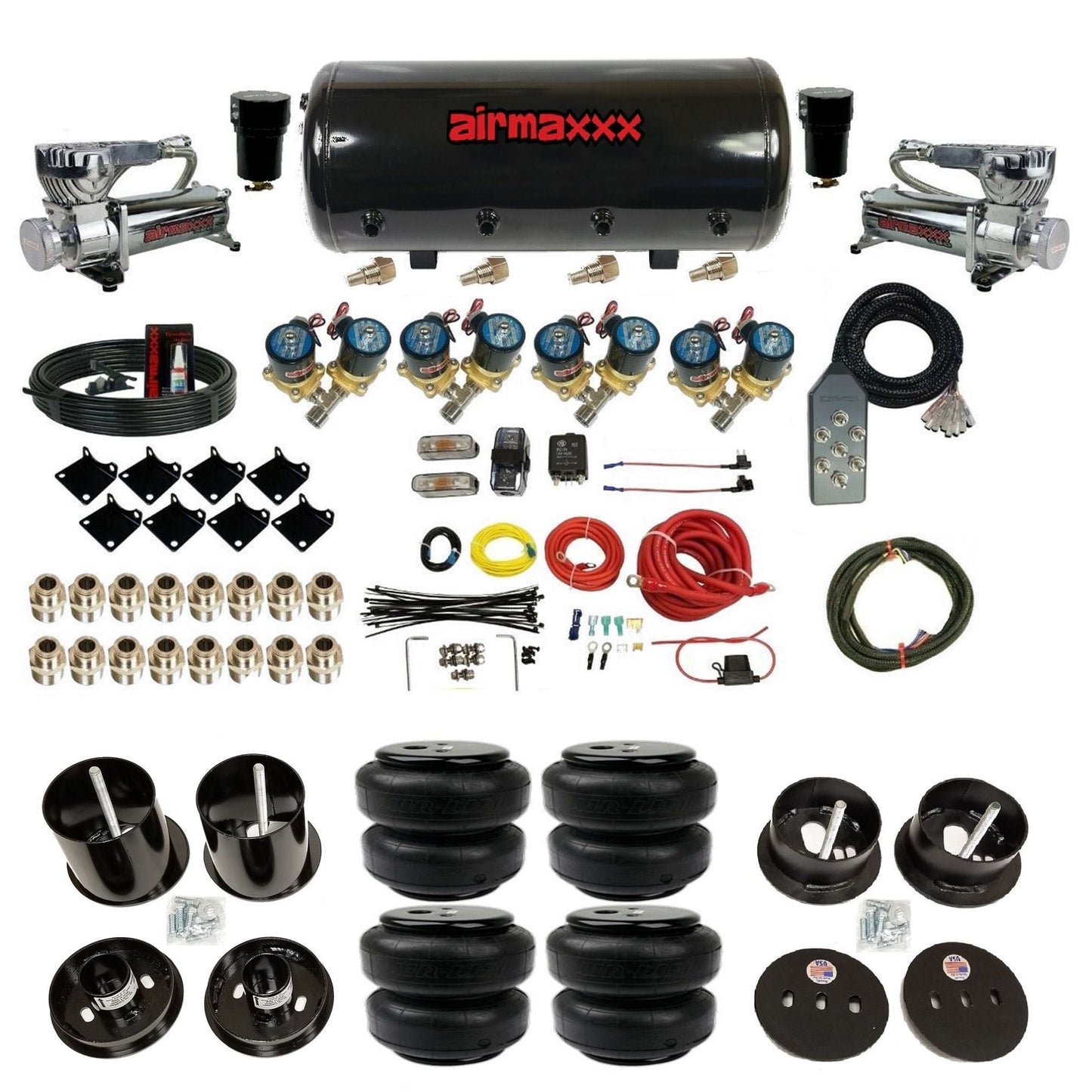 airmaxxx 1/2 fast bag air suspension kit with 580 chrome compressors steel tank and airlift bags for 1963 1964 cadillac KCAD63-580C2-812-89S-7TBK-WK-HFD25