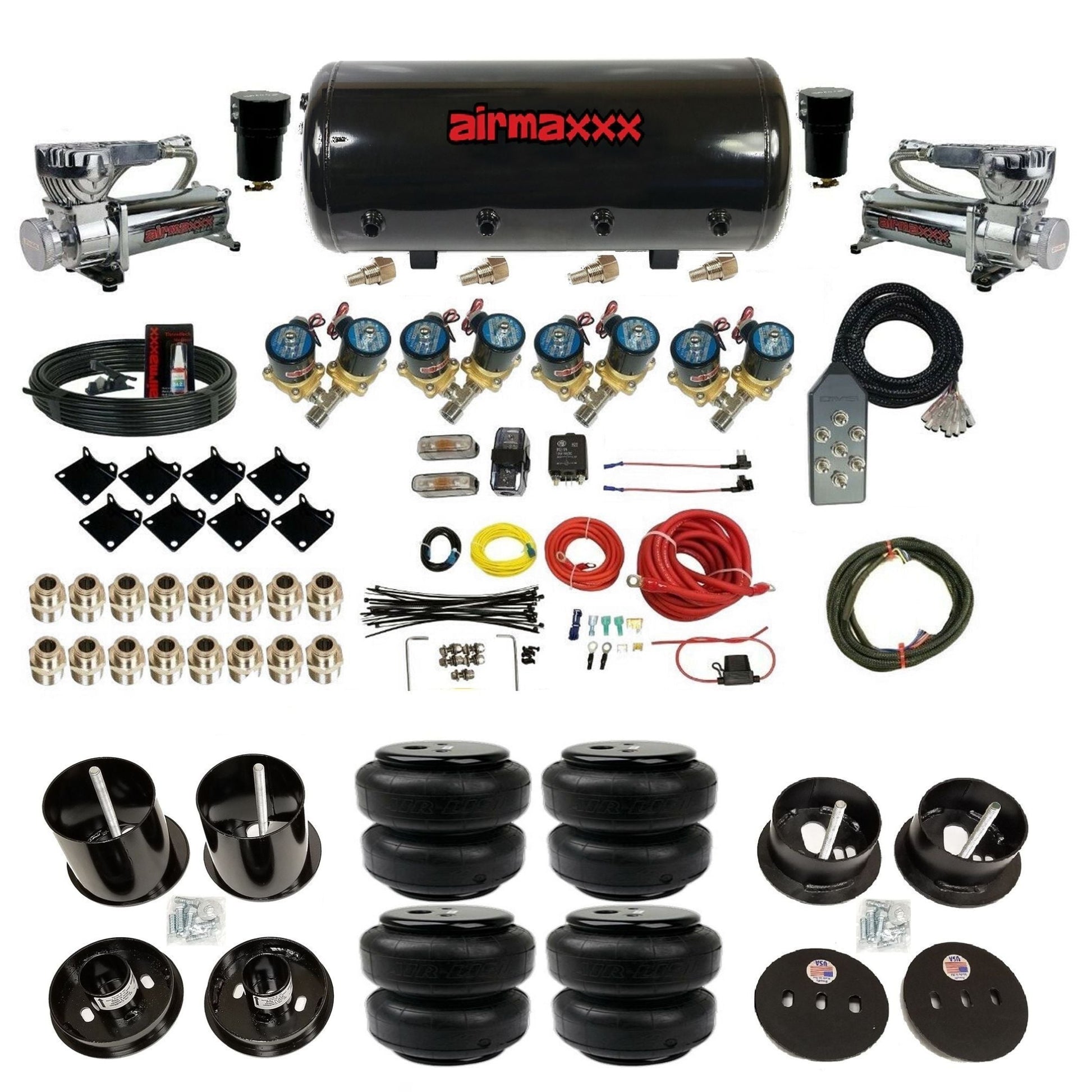 airmaxxx 1/2 fast bag air suspension kit with 580 chrome compressors steel tank and airlift bags for 1963 1964 cadillac KCAD63-580C2-812-89S-7TBK-WK-HFD25