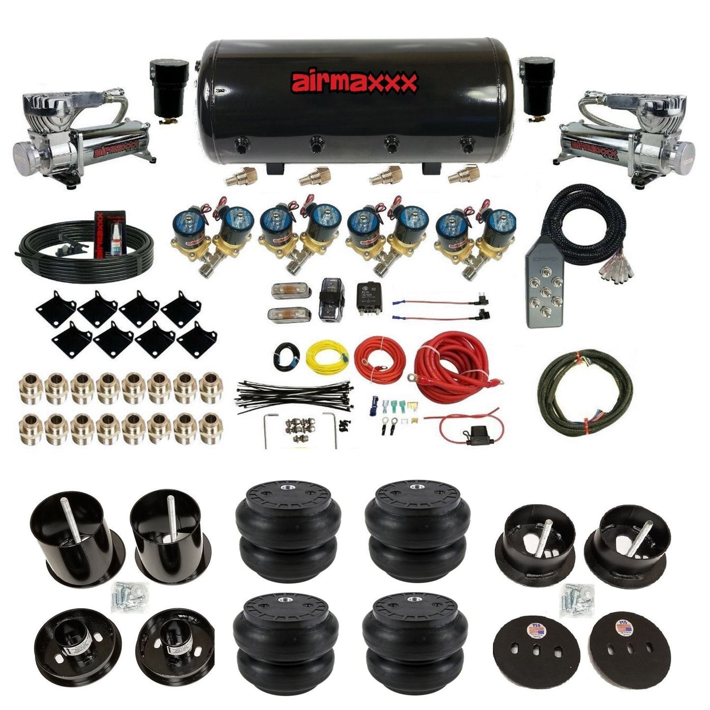 airmaxxx 1/2 fast bag air suspension kit with 580 chrome compressors steel tank and slam bags for 1963 1964 cadillac KCAD63-580C2-812-89S-7TBK-WK-HFSS7