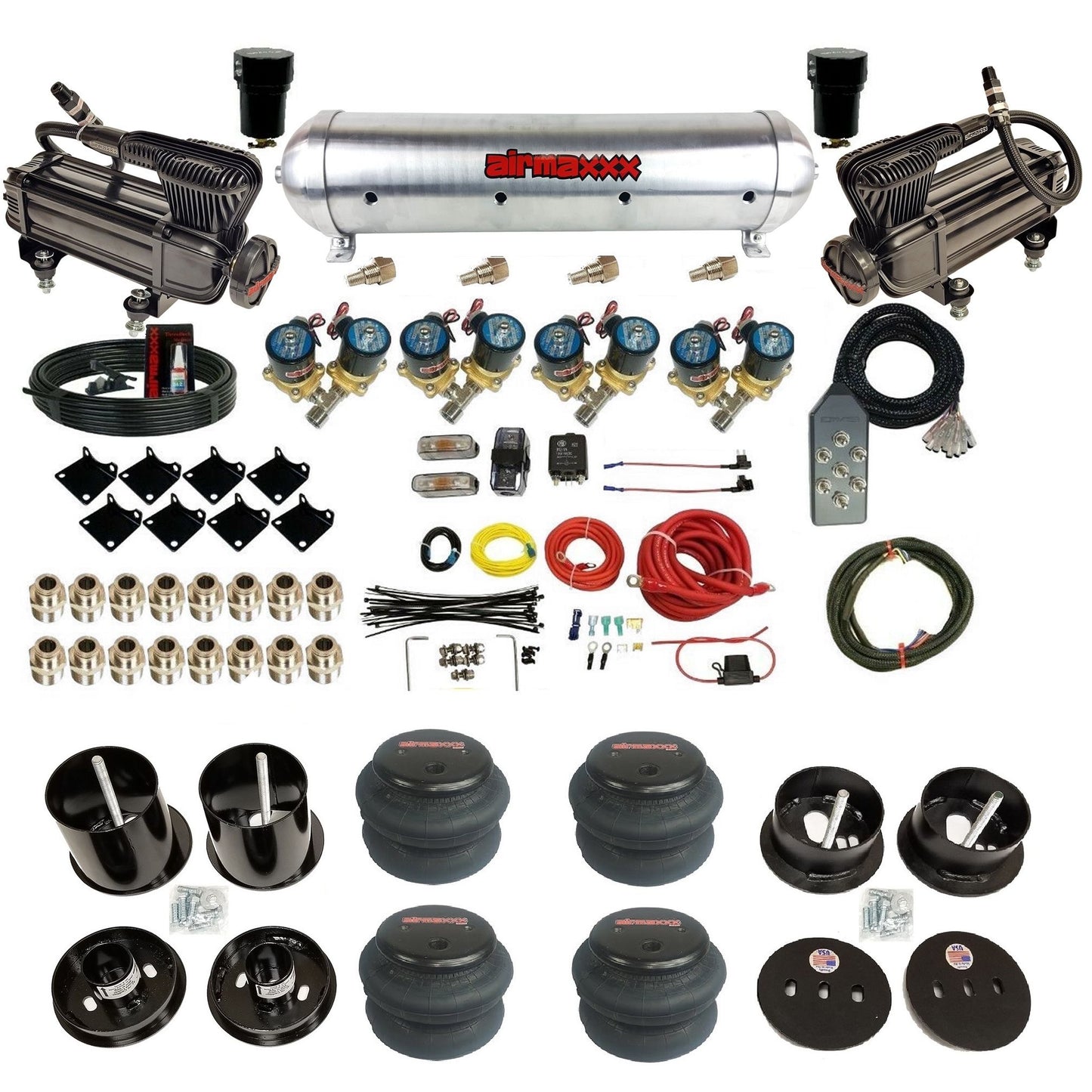 airmaxxx 1/2 fast bag air suspension kit with x-series compressors aluminum tank and 2600 bags for 1963 1964 cadillac KCAD63-XB2-812-59ARW-7TBK-WK-HF