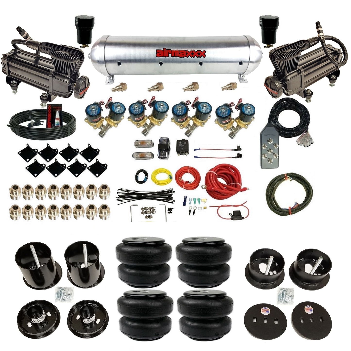airmaxxx 1/2 fast bag air suspension kit with x-series compressors aluminum tank and airlift bags for 1963 1964 cadillac KCAD63-XB2-812-59ARW-7TBK-WK-HFD25