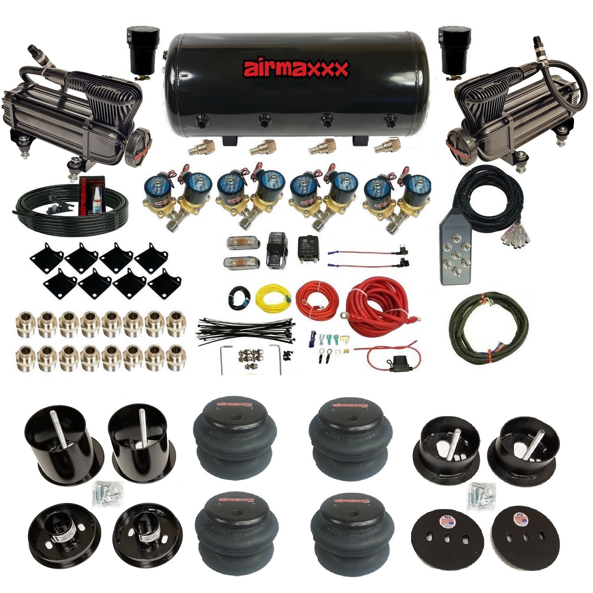 airmaxxx 1/2 fast bag air suspension kit with x-series compressors steel tank and 2600 bags for 1963 1964 cadillac KCAD63-XB2-812-89S-7TBK-WK