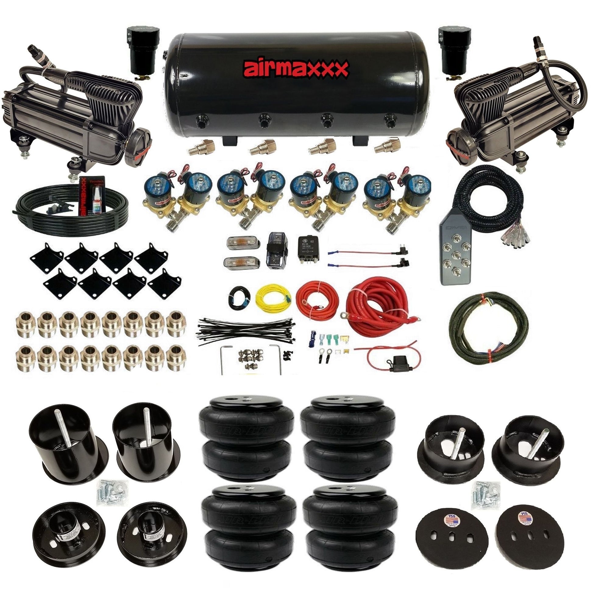 airmaxxx 1/2 fast bag air suspension kit with x-series compressors steel tank and airlift bags for 1963 1964 cadillac KCAD63-XB2-812-89S-7TBK-WK-HFD25
